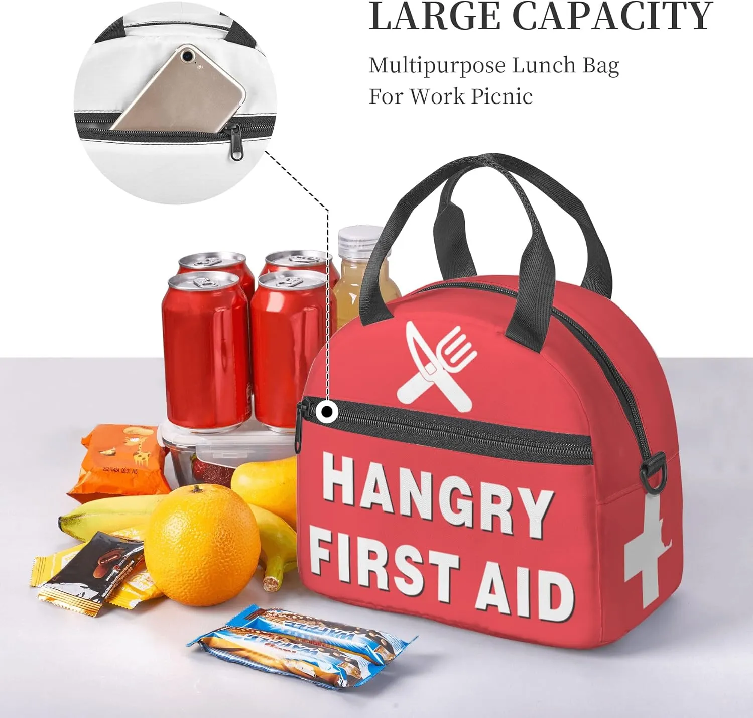 Funny Hangry First Aid Insulated Lunch Box-Emergency Snack Kit Portable Lunch Bag With Adjustable Shoulder Strap Reusable Lunch Tote for Women Men and Kids - Great Gag Gif