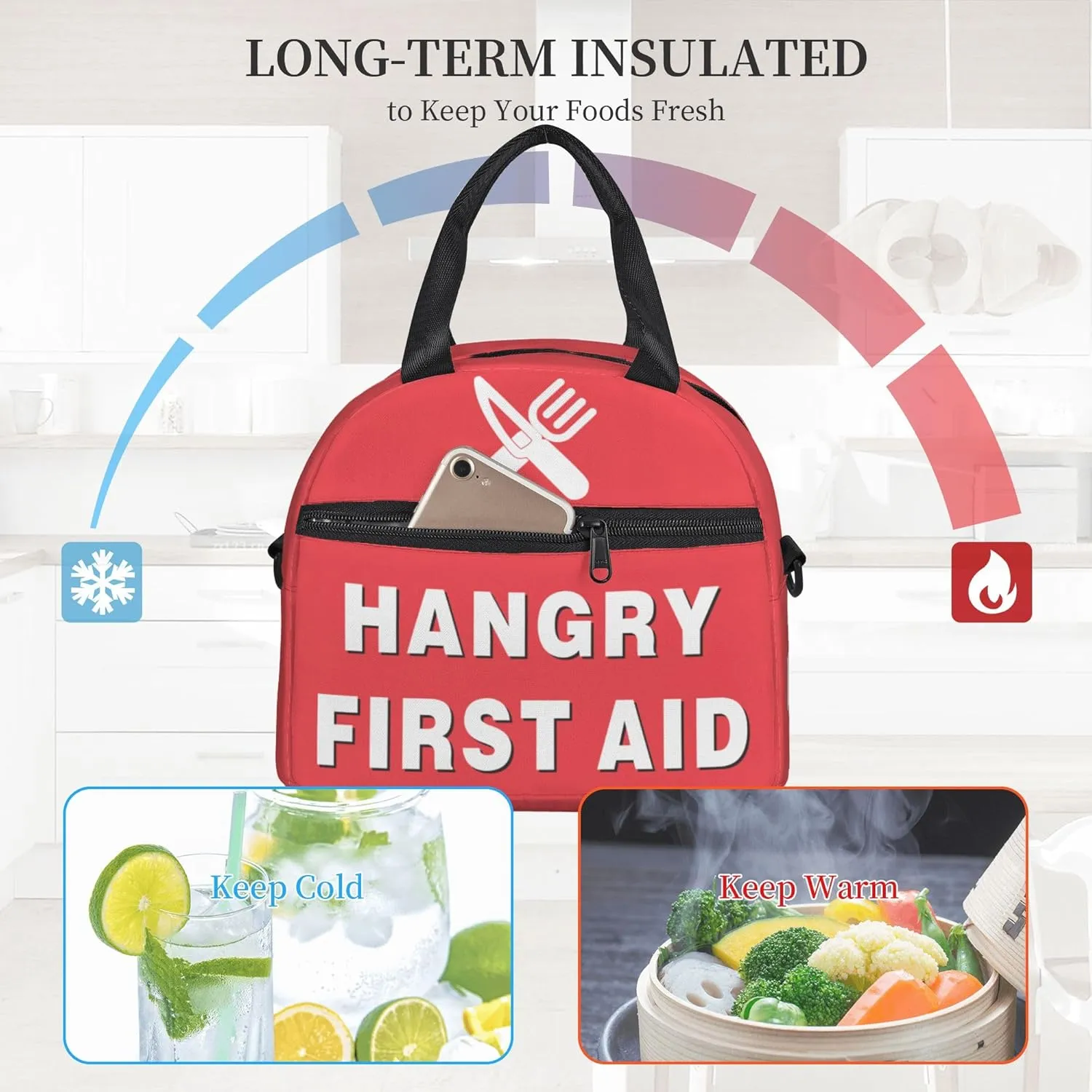 Funny Hangry First Aid Insulated Lunch Box-Emergency Snack Kit Portable Lunch Bag With Adjustable Shoulder Strap Reusable Lunch Tote for Women Men and Kids - Great Gag Gif