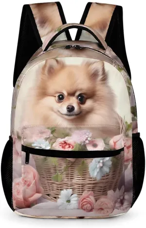 FunnyStar Pomeranian Puppy Basket Flowers Laptop Backpack Cute Daypack for Camping Shopping Traveling