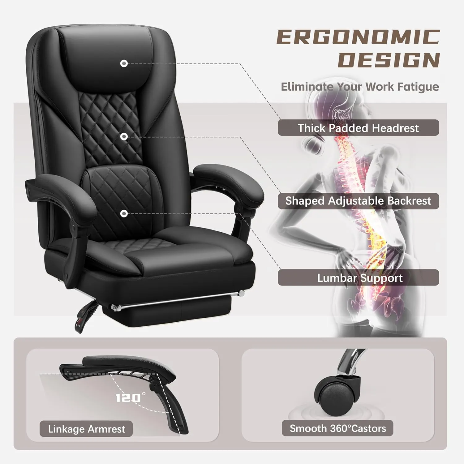 Furmax Office Chair with Footrest Ergonomic High Back Design Executive Computer Desk Chair400lbs, 90-155° Reclining Leather Home Office Desk Chairs Swivel Task Chairs with Wheels(Black)