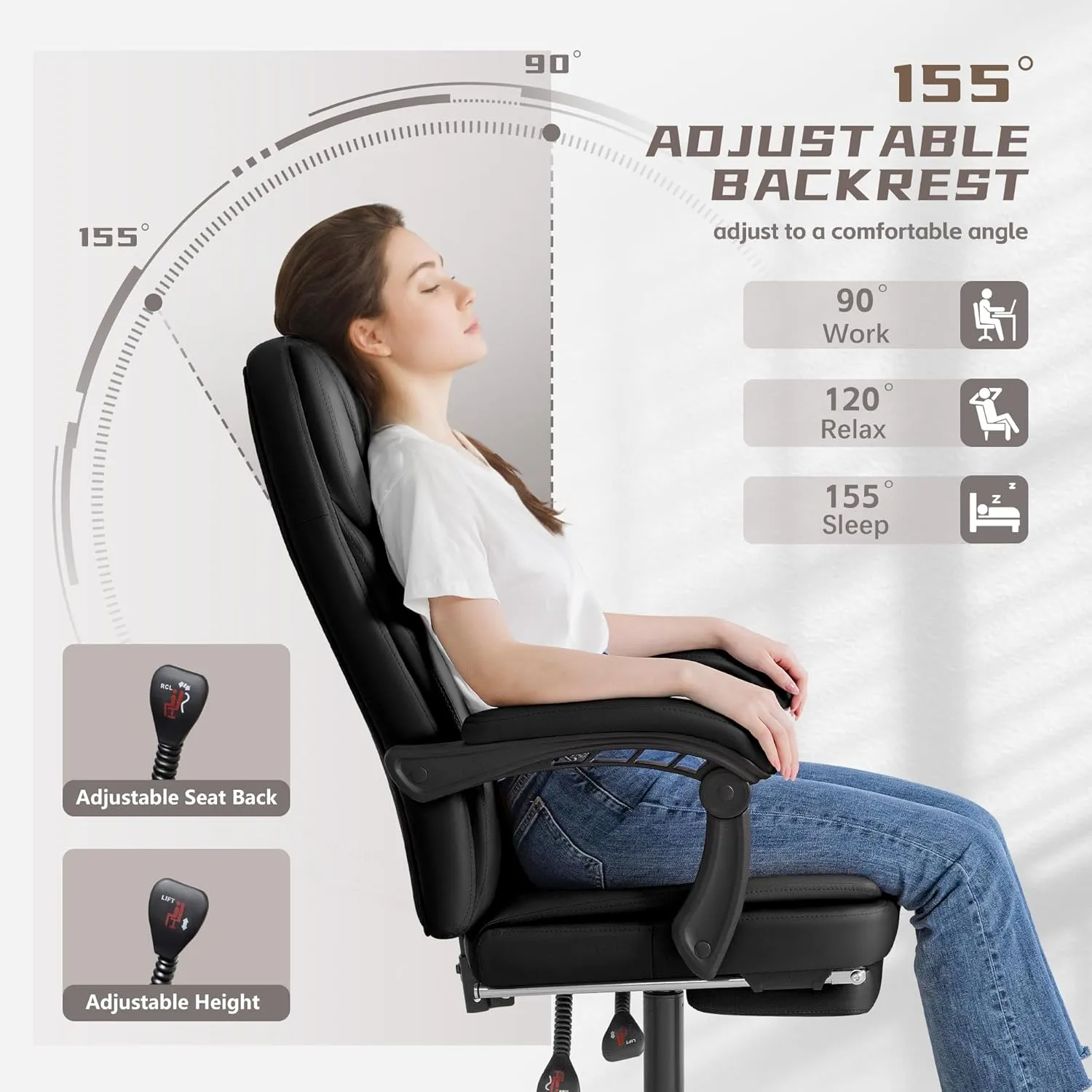 Furmax Office Chair with Footrest Ergonomic High Back Design Executive Computer Desk Chair400lbs, 90-155° Reclining Leather Home Office Desk Chairs Swivel Task Chairs with Wheels(Black)