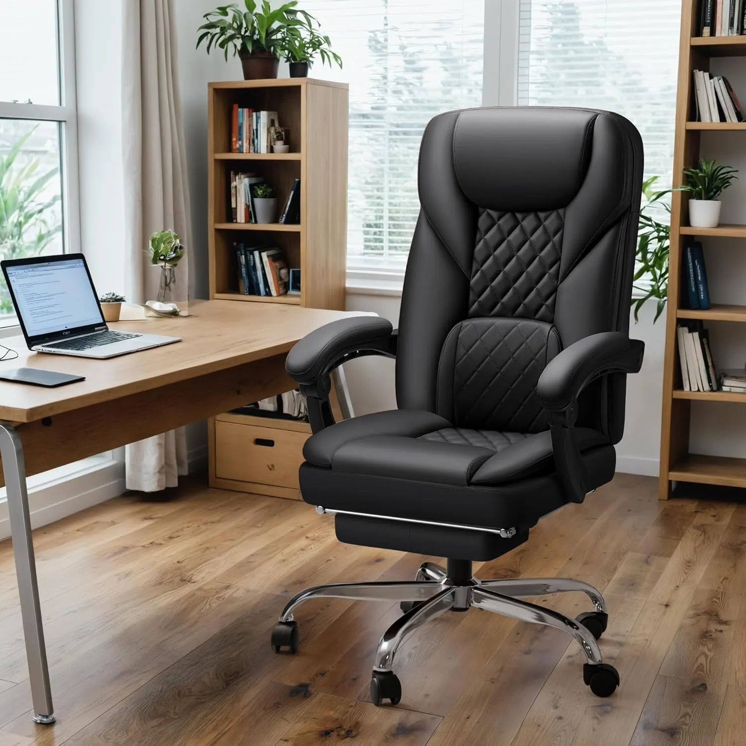 Furmax Office Chair with Footrest Ergonomic High Back Design Executive Computer Desk Chair400lbs, 90-155° Reclining Leather Home Office Desk Chairs Swivel Task Chairs with Wheels(Black)