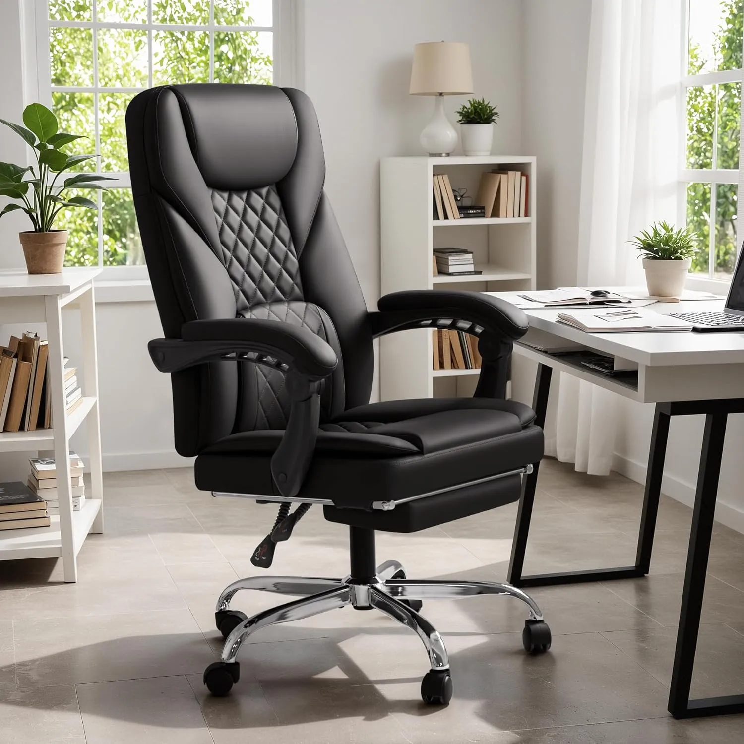 Furmax Office Chair with Footrest Ergonomic High Back Design Executive Computer Desk Chair400lbs, 90-155° Reclining Leather Home Office Desk Chairs Swivel Task Chairs with Wheels(Black)