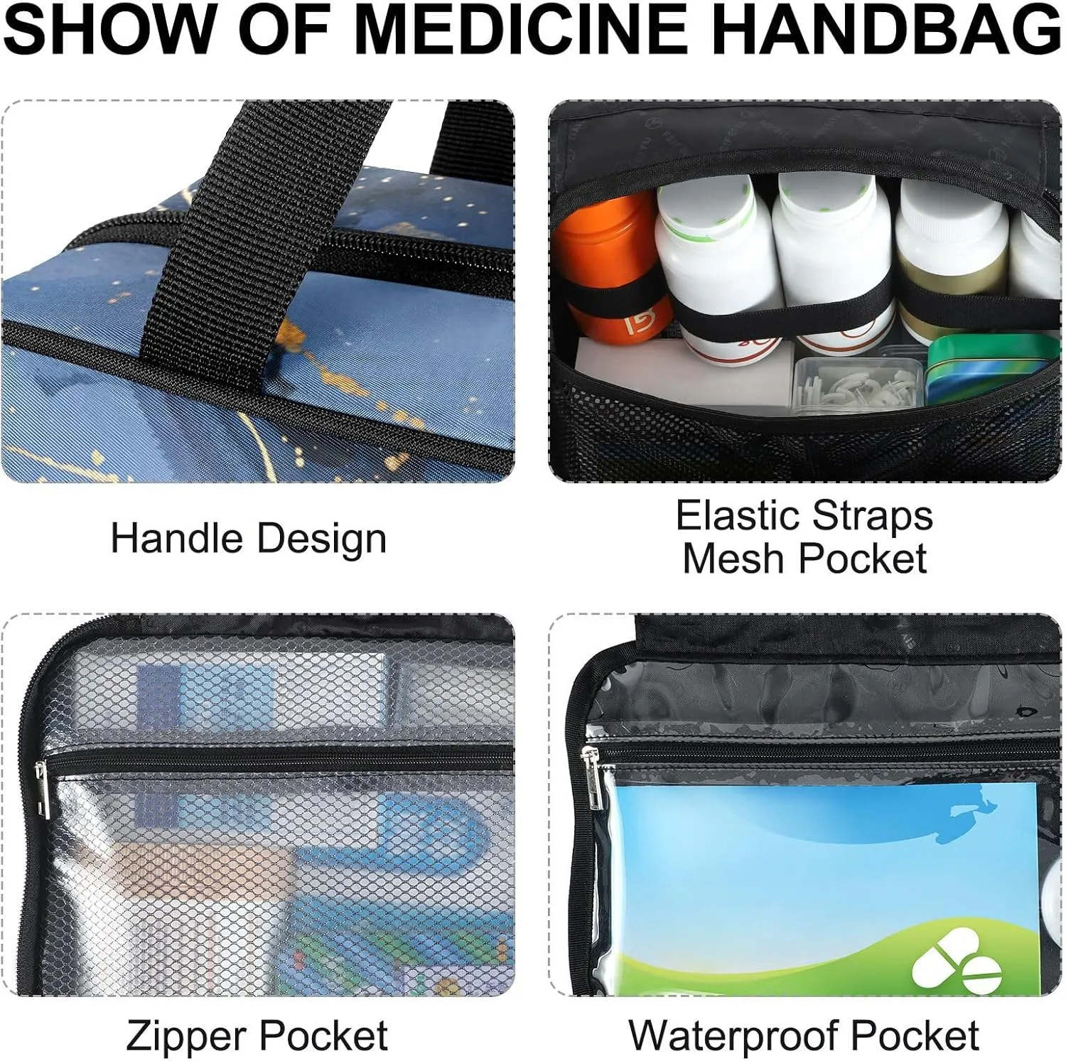 Fustylead Abstract Navy Marble with Golden Veins Large Medical Supplies Organizer Bag with Zipper Empty First Aid Bag Trauma Kit for Traveling Hiking Camping