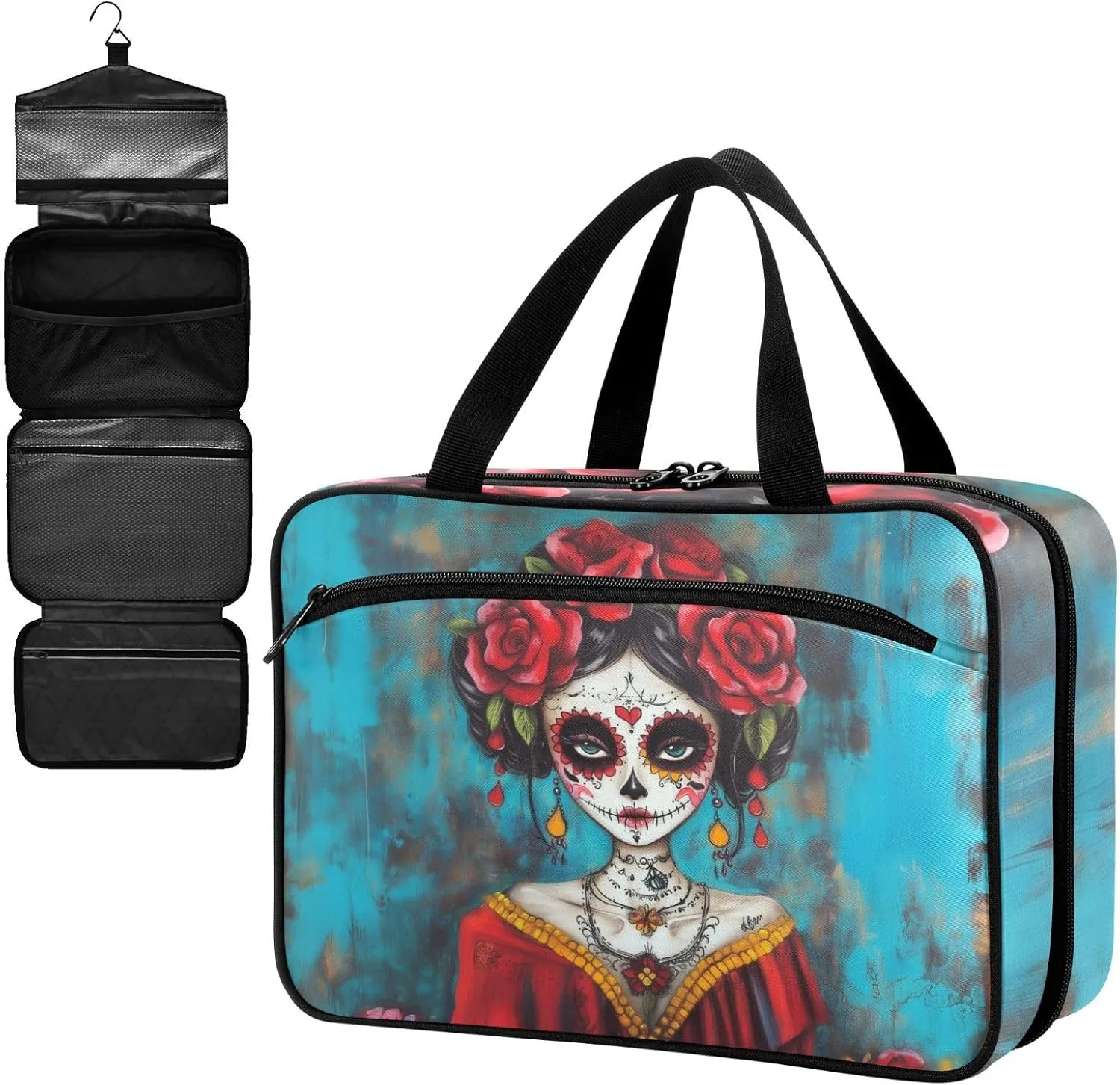 Fustylead Beautiful Day Of The Dead Catrina with Red Roses Large Medical Storage Bag with Zipper Empty First Aid Bag Trauma Kit for Traveling Hiking Camping Backpacking