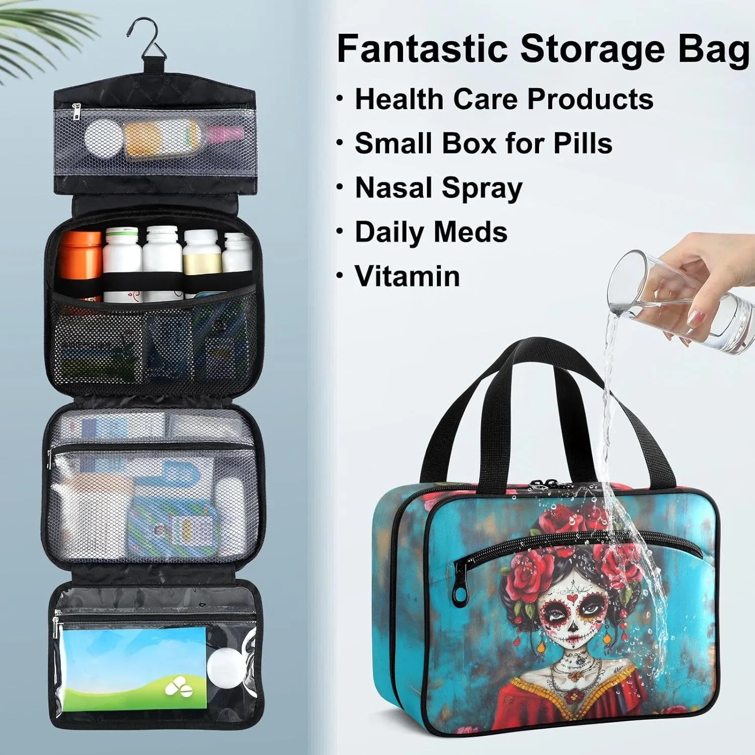 Fustylead Beautiful Day Of The Dead Catrina with Red Roses Large Medical Storage Bag with Zipper Empty First Aid Bag Trauma Kit for Traveling Hiking Camping Backpacking