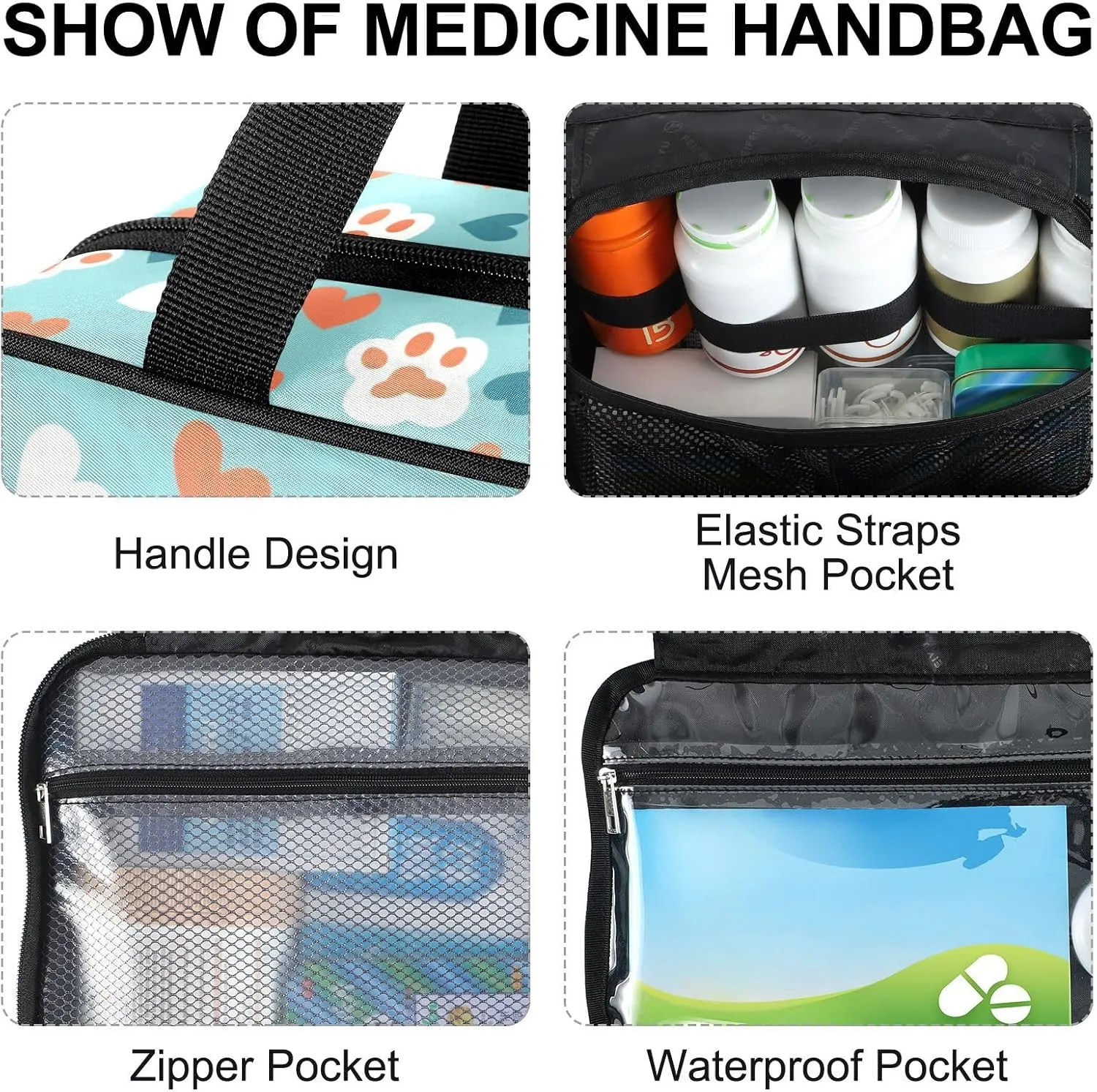 Fustylead Cute Cat Paw Prints and Hearts Large Medical Storage Bag with Zipper Empty First Aid Bag Trauma Kit for Traveling Hiking Camping Backpacking
