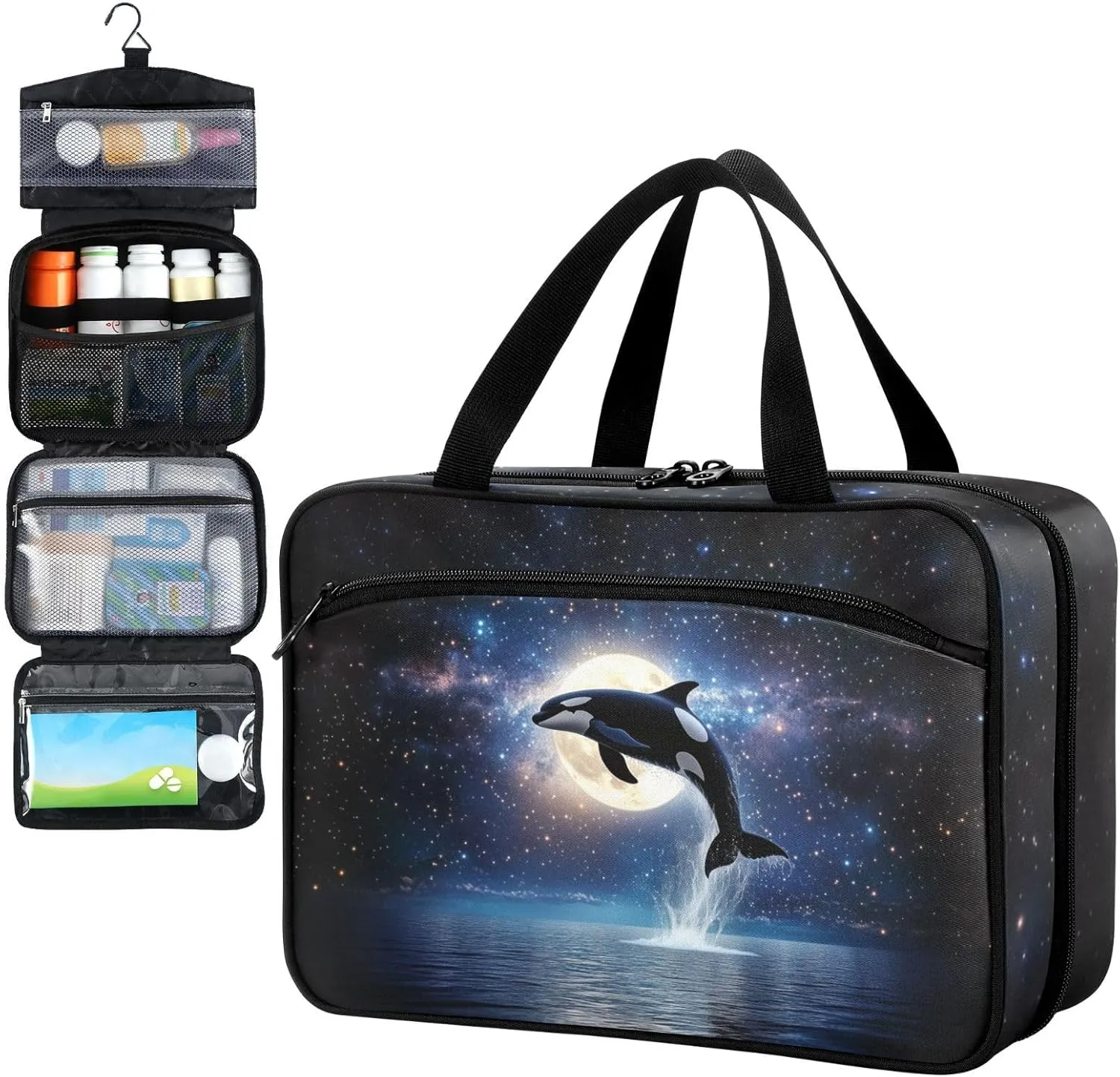 Fustylead Cute Killer Whale with Full Moon Reflecting on The Water Travel Pill Bottle Organizer Large Home Storage Medication Bag with Zipper for Vitamins, First Aid, Fish Oil, Medical Supplies