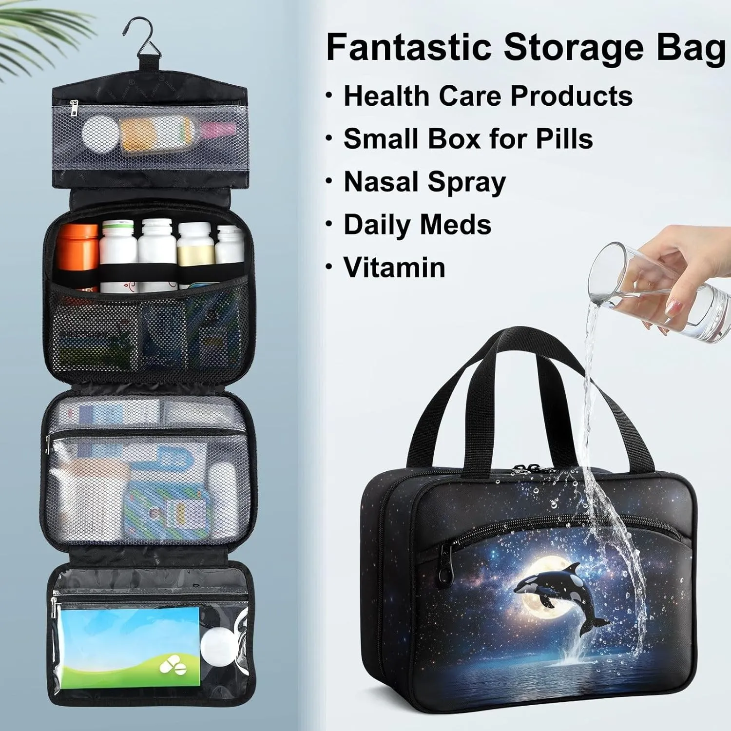 Fustylead Cute Killer Whale with Full Moon Reflecting on The Water Travel Pill Bottle Organizer Large Home Storage Medication Bag with Zipper for Vitamins, First Aid, Fish Oil, Medical Supplies
