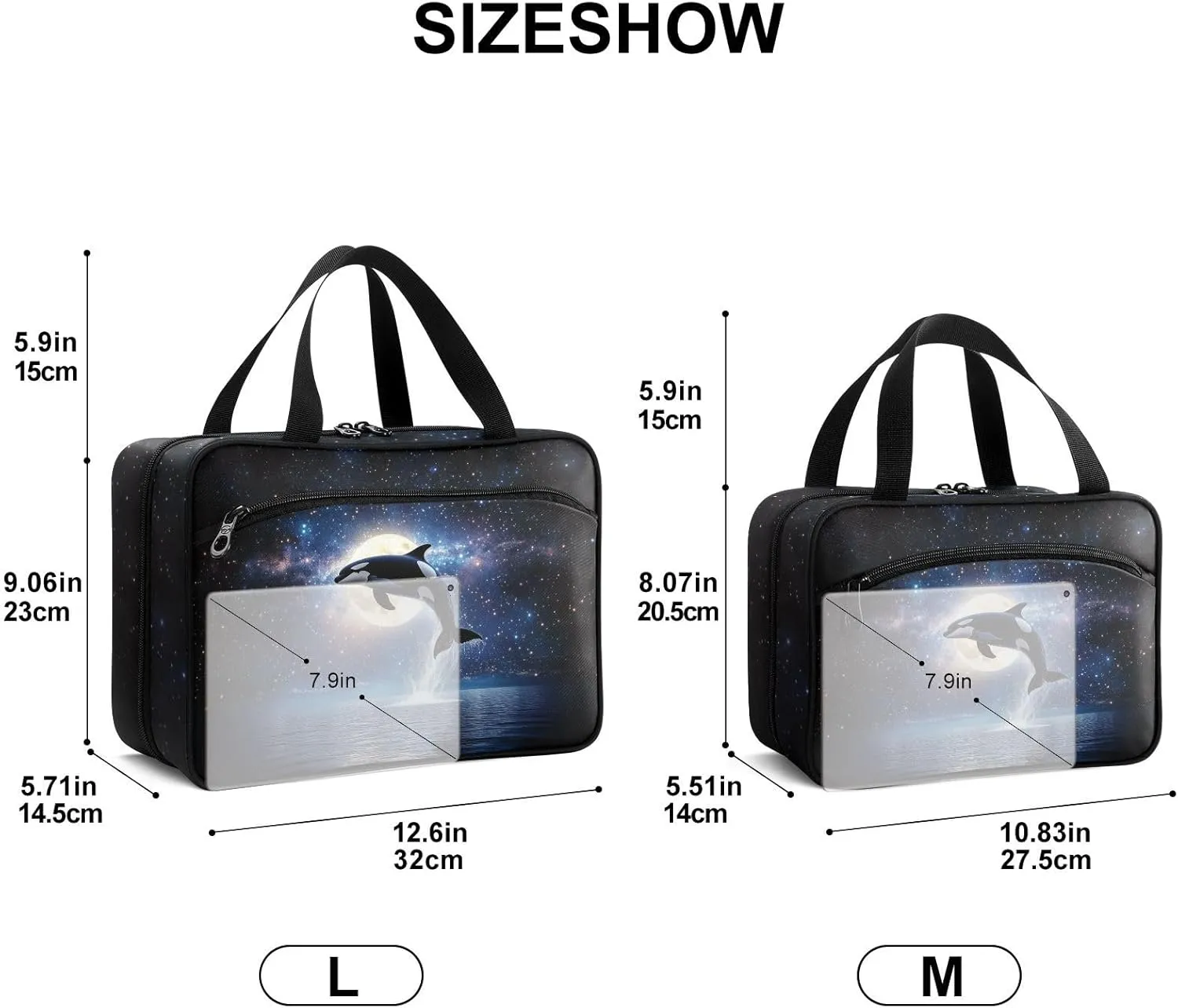 Fustylead Cute Killer Whale with Full Moon Reflecting on The Water Travel Pill Bottle Organizer Large Home Storage Medication Bag with Zipper for Vitamins, First Aid, Fish Oil, Medical Supplies