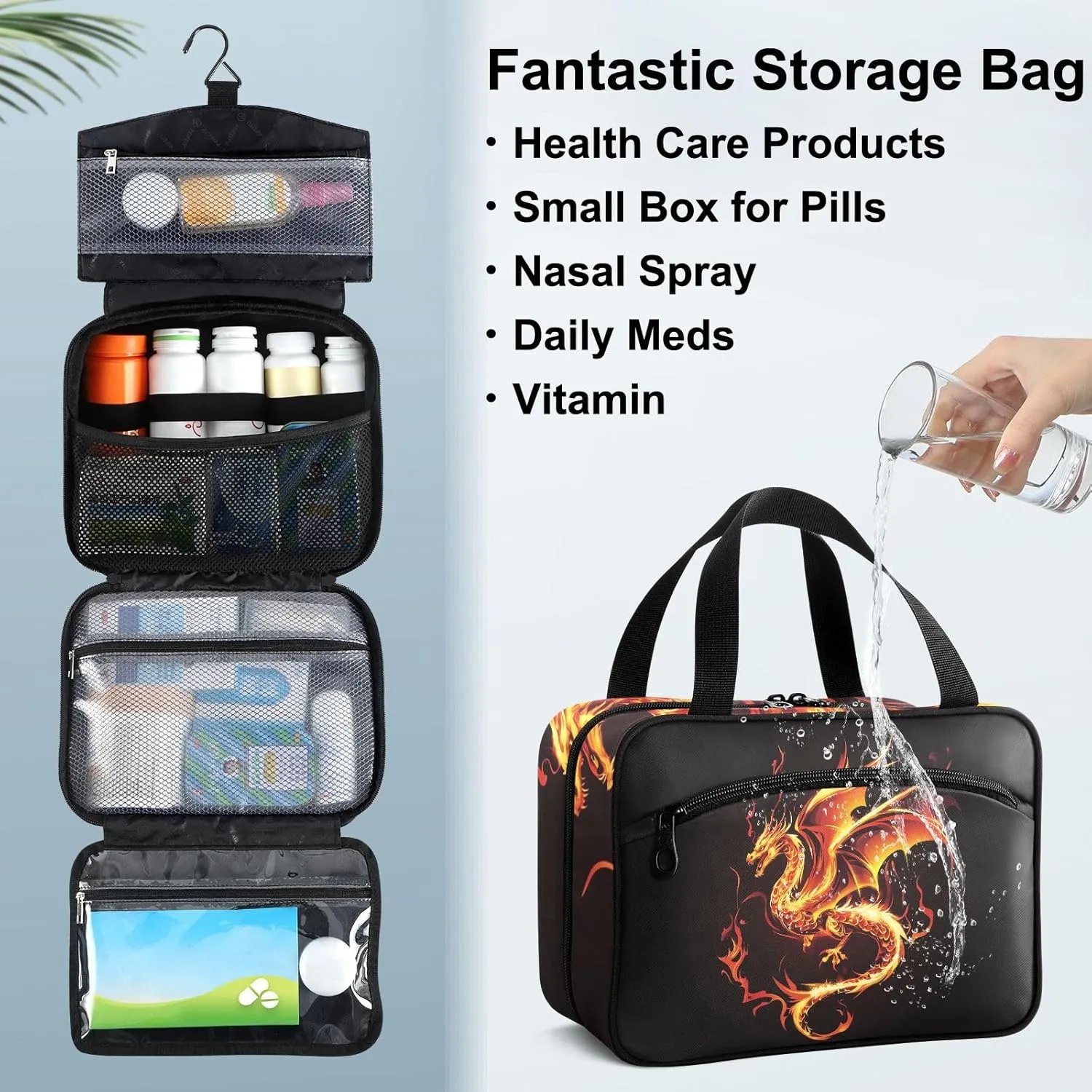 Fustylead Fire Western Dragon Empty Travel First Aid Bag Large Home Medication Bag with Zipper for Pills,Vitamin,Fish Oil,Supplements for Women and Men
