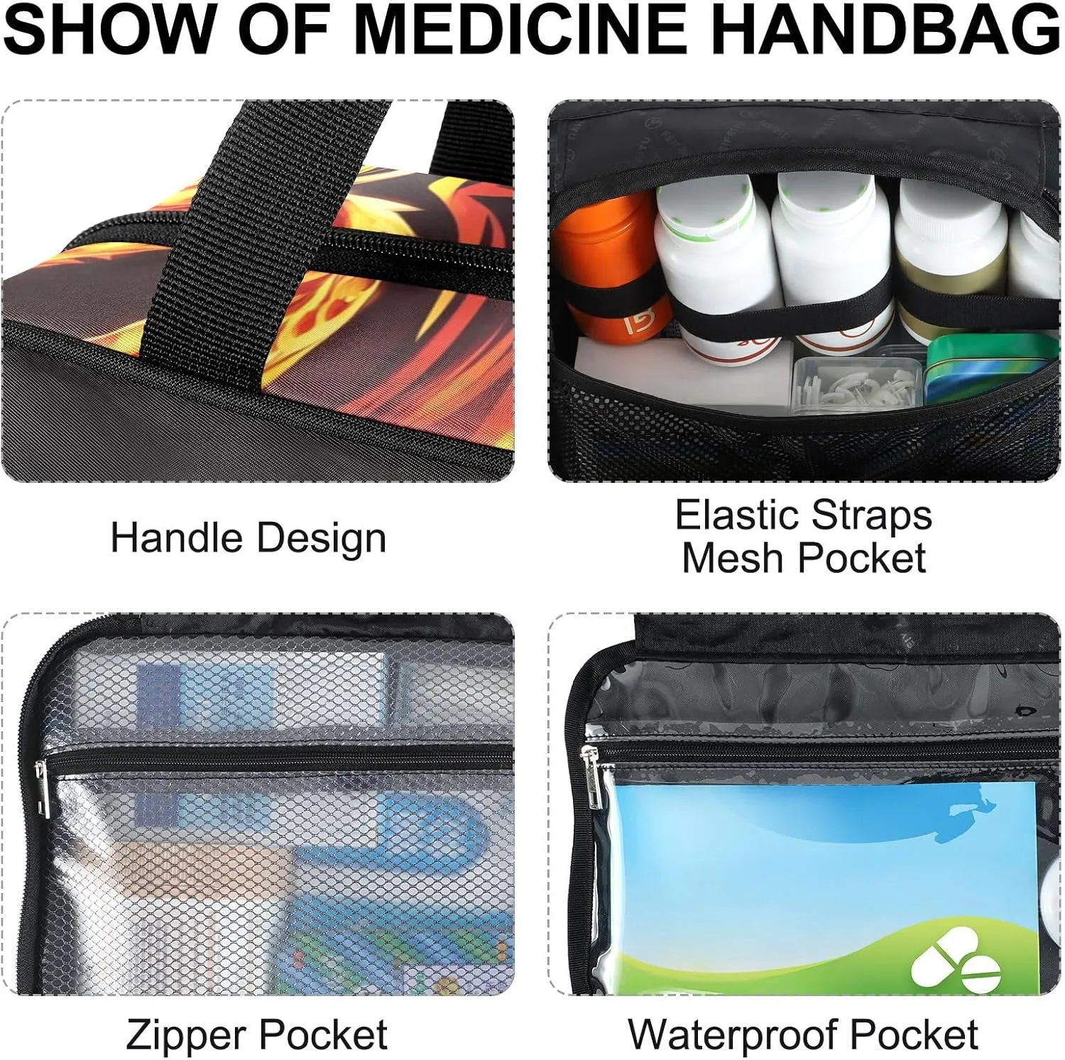 Fustylead Fire Western Dragon Empty Travel First Aid Bag Large Home Medication Bag with Zipper for Pills,Vitamin,Fish Oil,Supplements for Women and Men