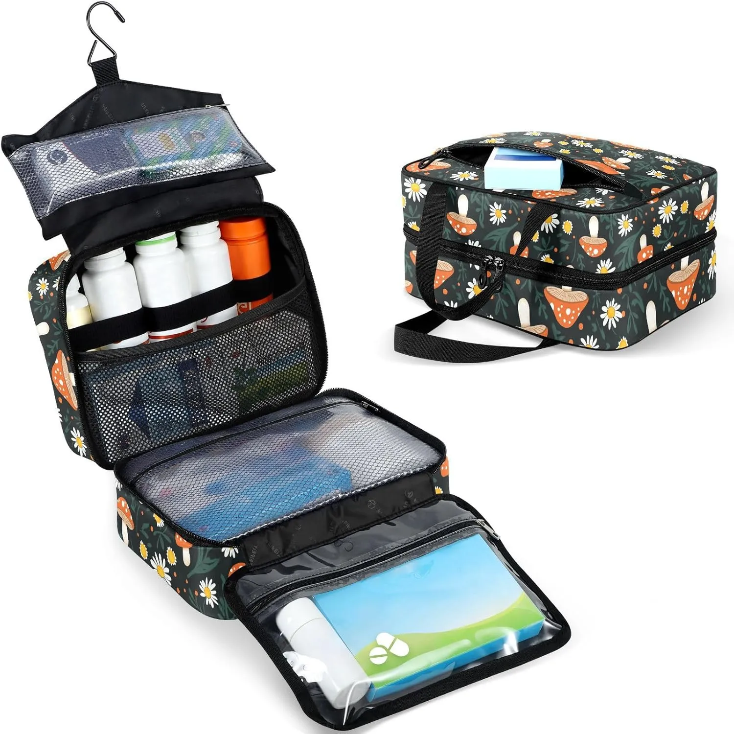 Fustylead Hand Draw Cute Mushrooms and Daisy Large Medical Storage Bag with Zipper Empty First Aid Bag Trauma Kit for Traveling Hiking Camping Backpacking