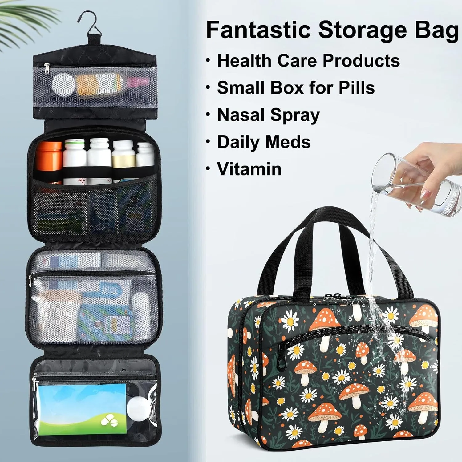 Fustylead Hand Draw Cute Mushrooms and Daisy Large Medical Storage Bag with Zipper Empty First Aid Bag Trauma Kit for Traveling Hiking Camping Backpacking