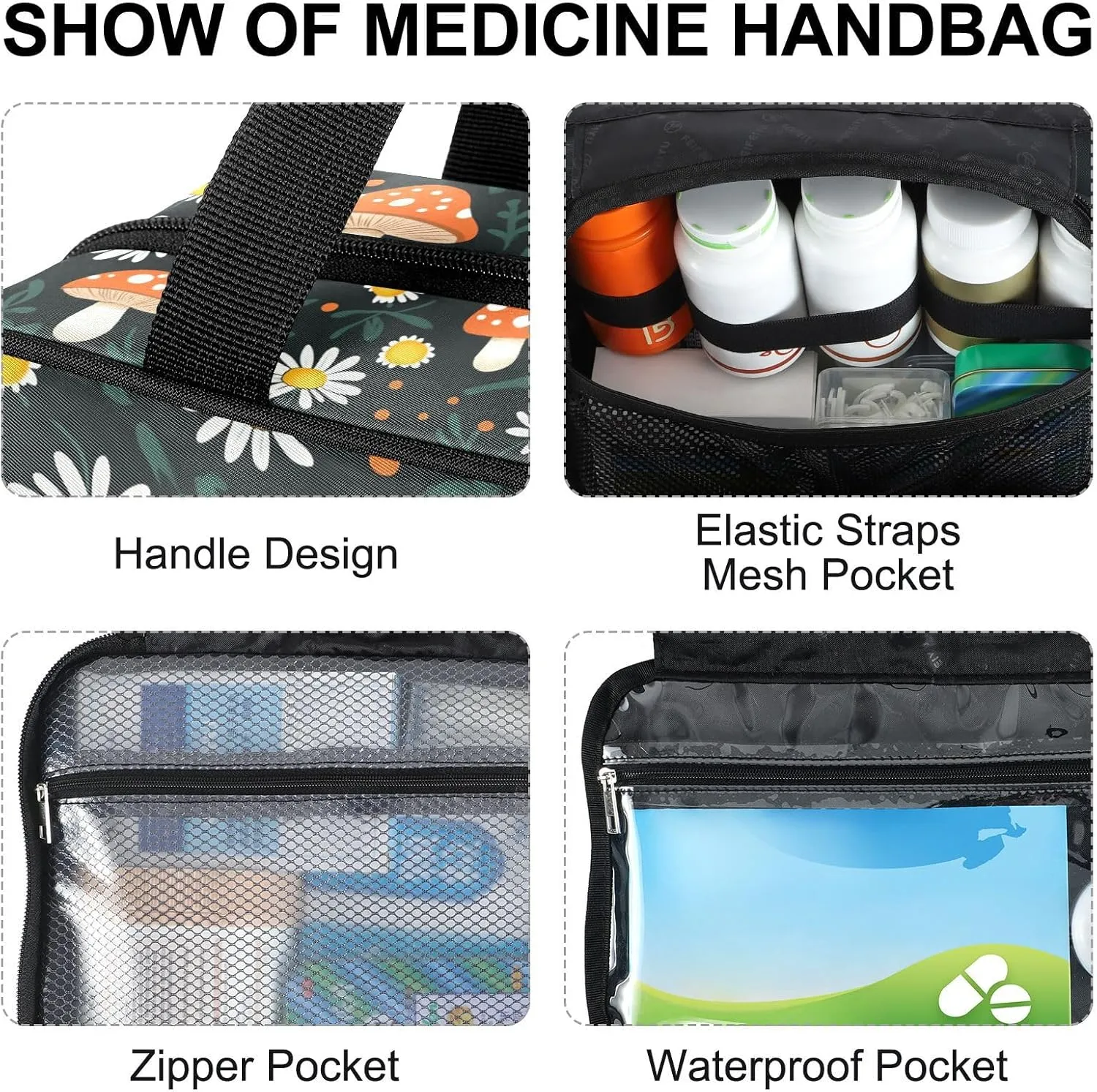 Fustylead Hand Draw Cute Mushrooms and Daisy Large Medical Storage Bag with Zipper Empty First Aid Bag Trauma Kit for Traveling Hiking Camping Backpacking