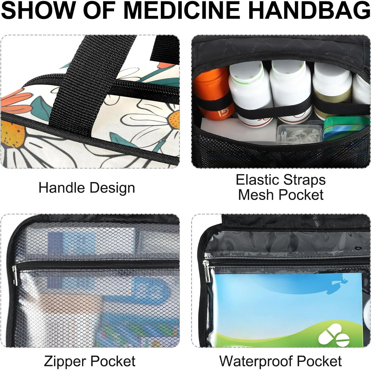 Fustylead Hand Draw Vintage Groovy Daisy Flowers Large Medical Supplies Organizer Bag with Zipper Empty First Aid Bag Trauma Kit for Traveling Hiking Camping