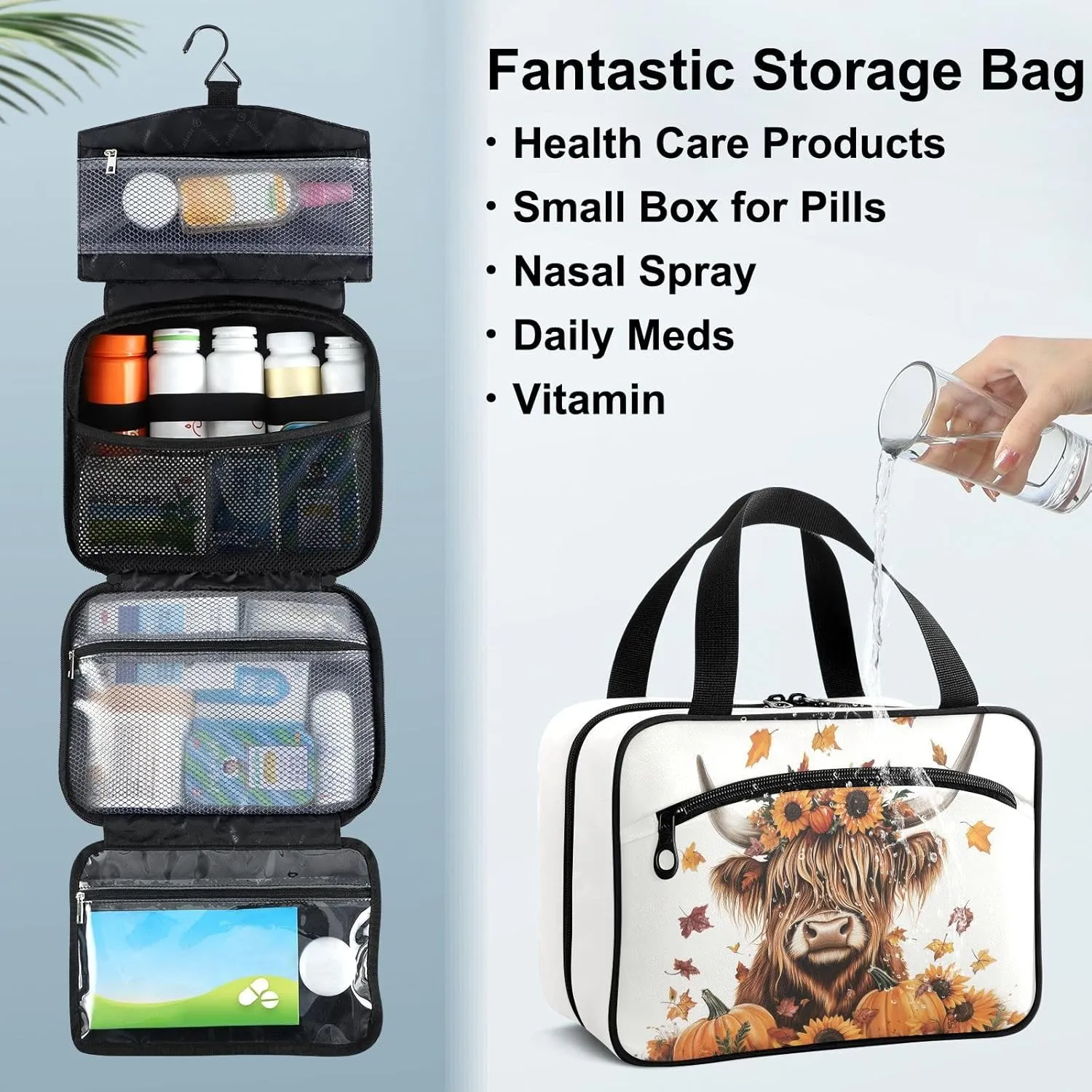 Fustylead Highland Cow Sunflowers Pumpkins and Falling Leaves Large Medical Storage Bag with Zipper Empty First Aid Bag Trauma Kit for Traveling Hiking Camping Backpacking
