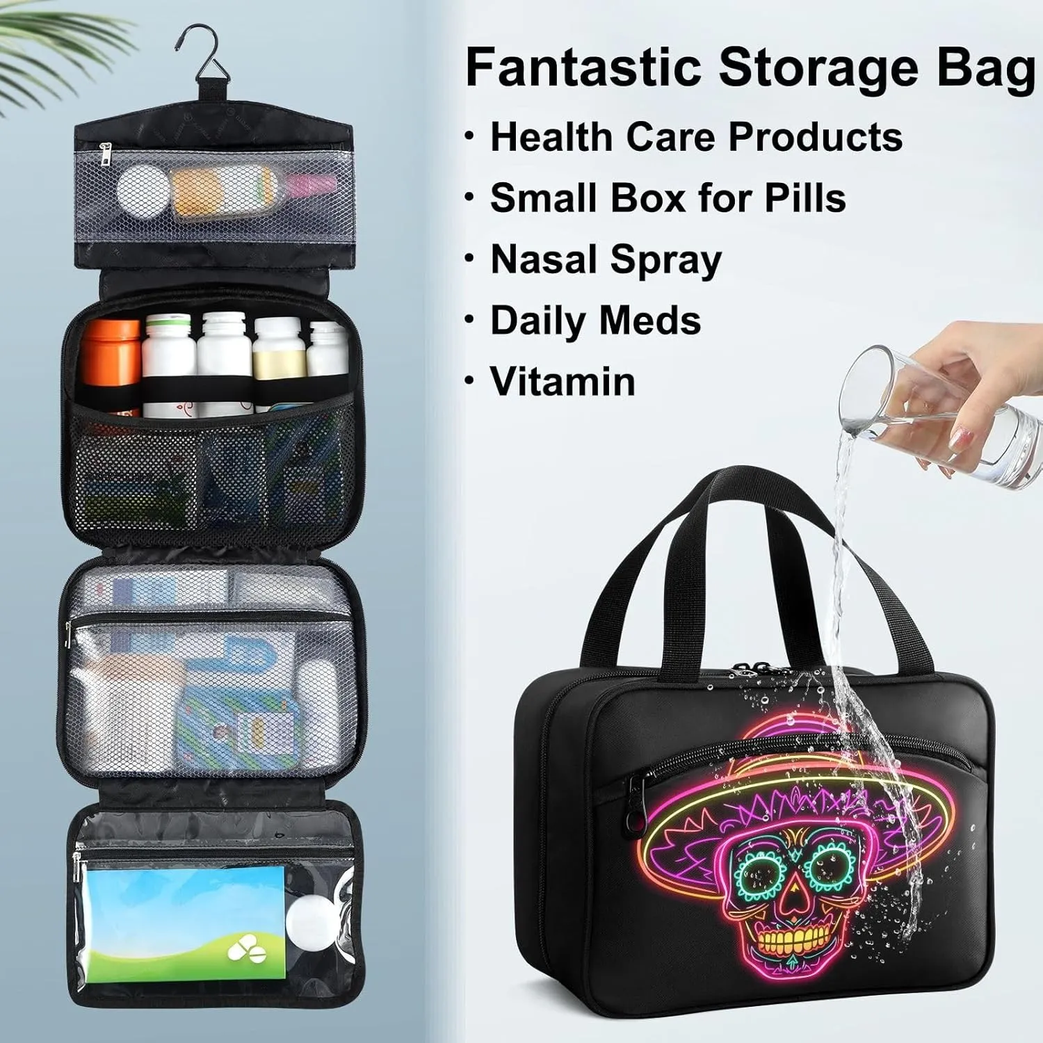 Fustylead Neon Sugar Skull Wearing Sombrero Large Medical Supplies Organizer Bag with Zipper Empty First Aid Bag Trauma Kit for Traveling Hiking Camping