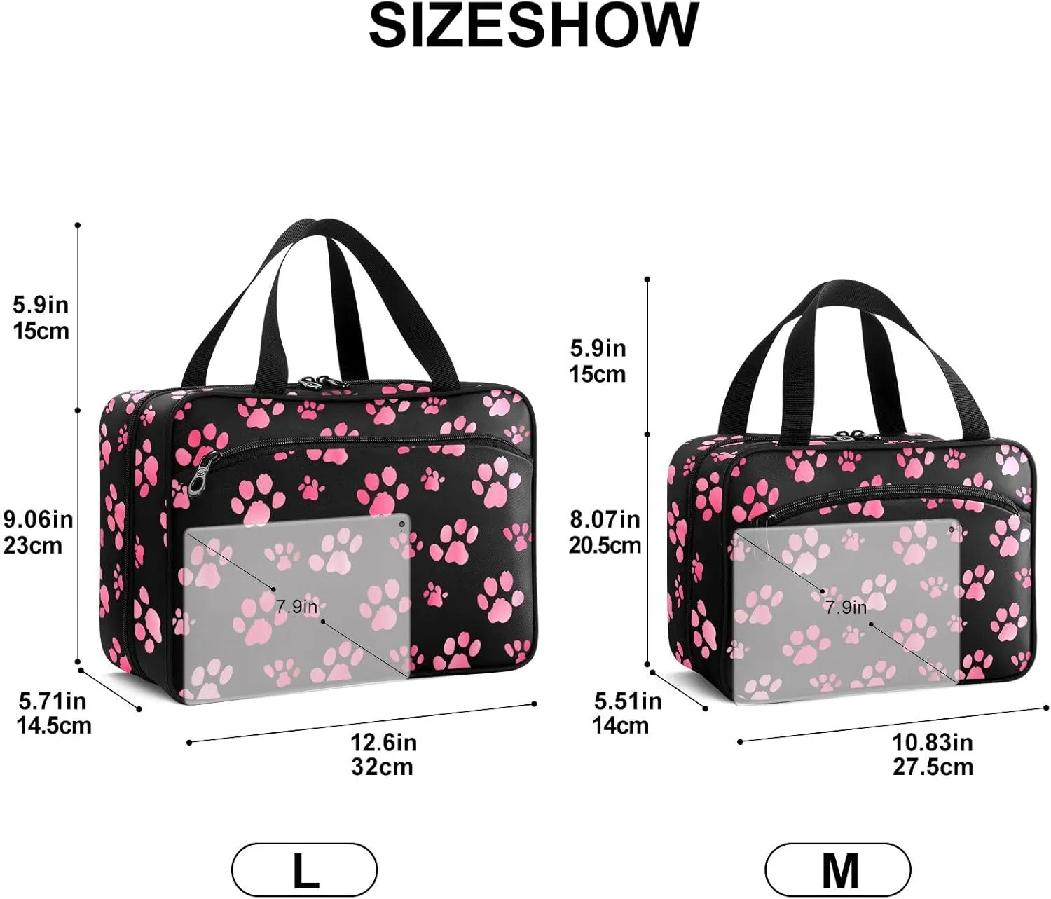 Fustylead Pink Cute Paw Prints on Black Background Large Medical Supplies Organizer Bag with Zipper Empty First Aid Bag Trauma Kit for Traveling Hiking Camping