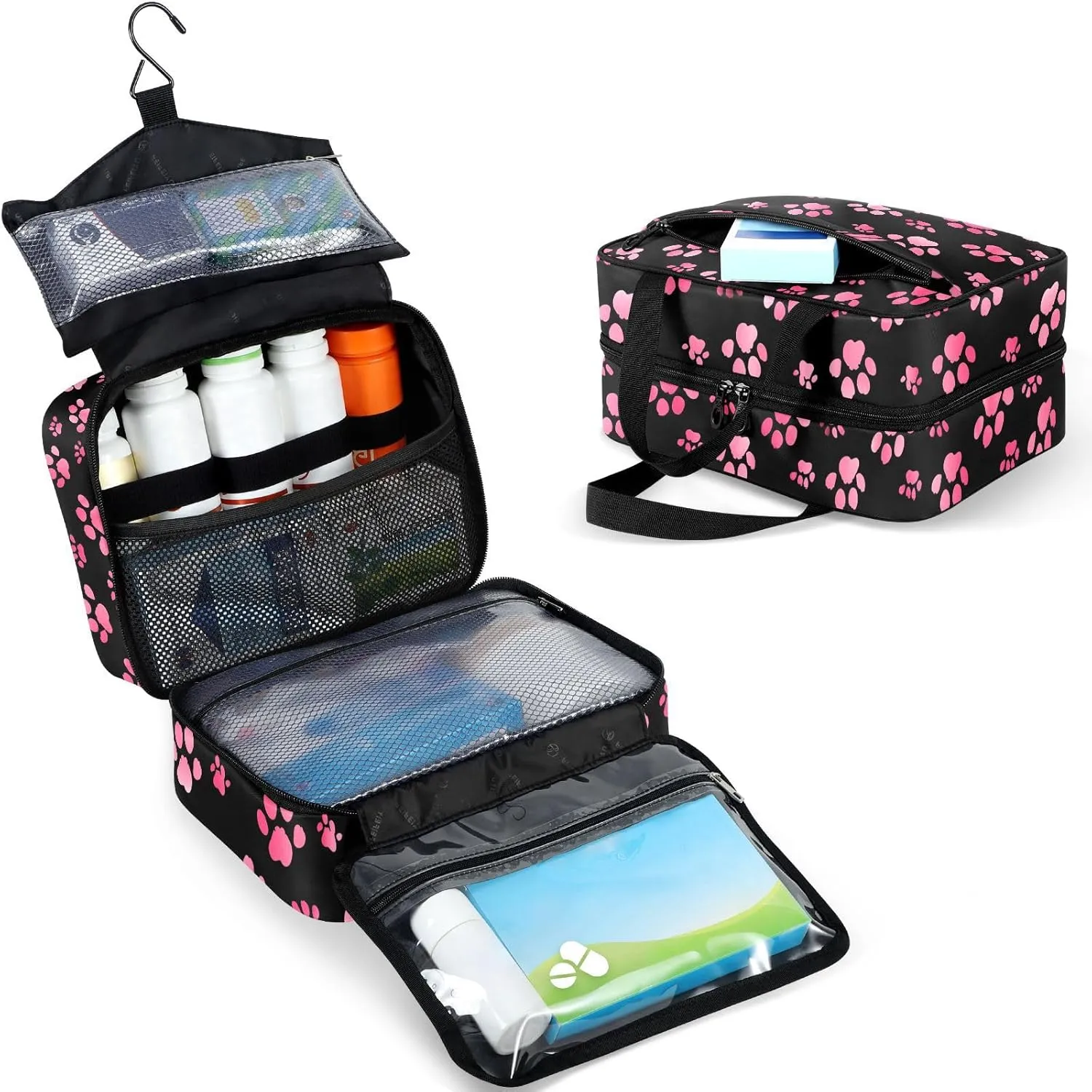 Fustylead Pink Cute Paw Prints on Black Background Large Medical Supplies Organizer Bag with Zipper Empty First Aid Bag Trauma Kit for Traveling Hiking Camping