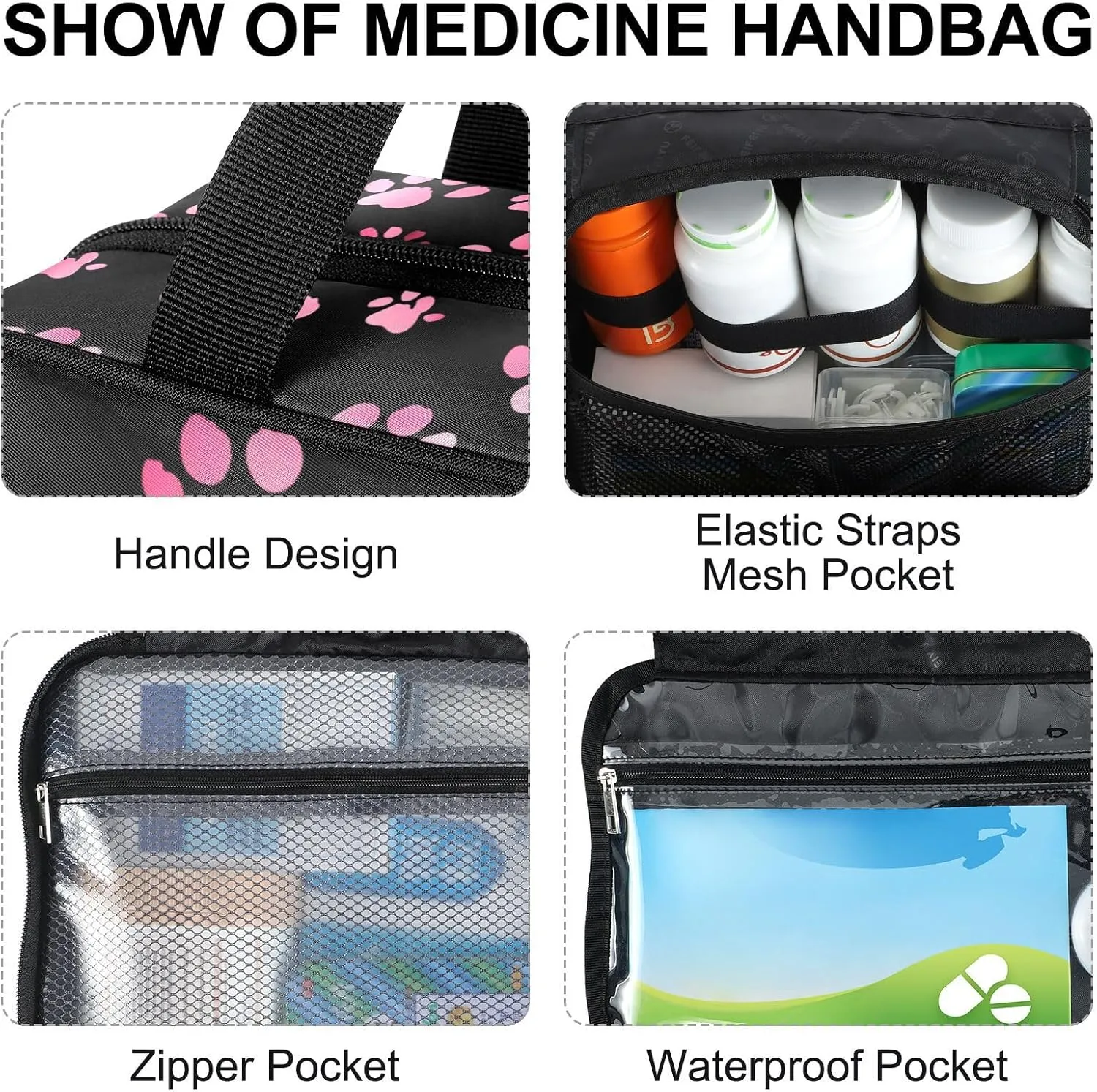 Fustylead Pink Cute Paw Prints on Black Background Large Medical Supplies Organizer Bag with Zipper Empty First Aid Bag Trauma Kit for Traveling Hiking Camping