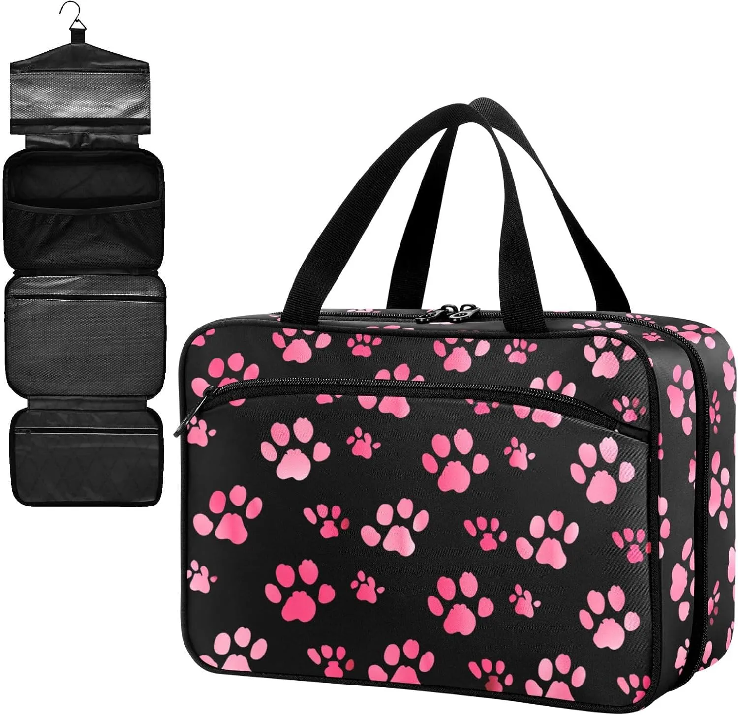 Fustylead Pink Cute Paw Prints on Black Background Large Medical Supplies Organizer Bag with Zipper Empty First Aid Bag Trauma Kit for Traveling Hiking Camping