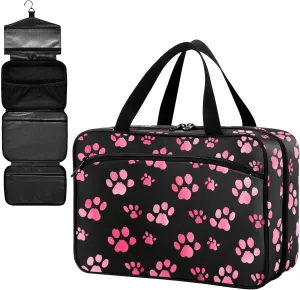 Fustylead Pink Cute Paw Prints on Black Background Large Medical Supplies Organizer Bag with Zipper Empty First Aid Bag Trauma Kit for Traveling Hiking Camping