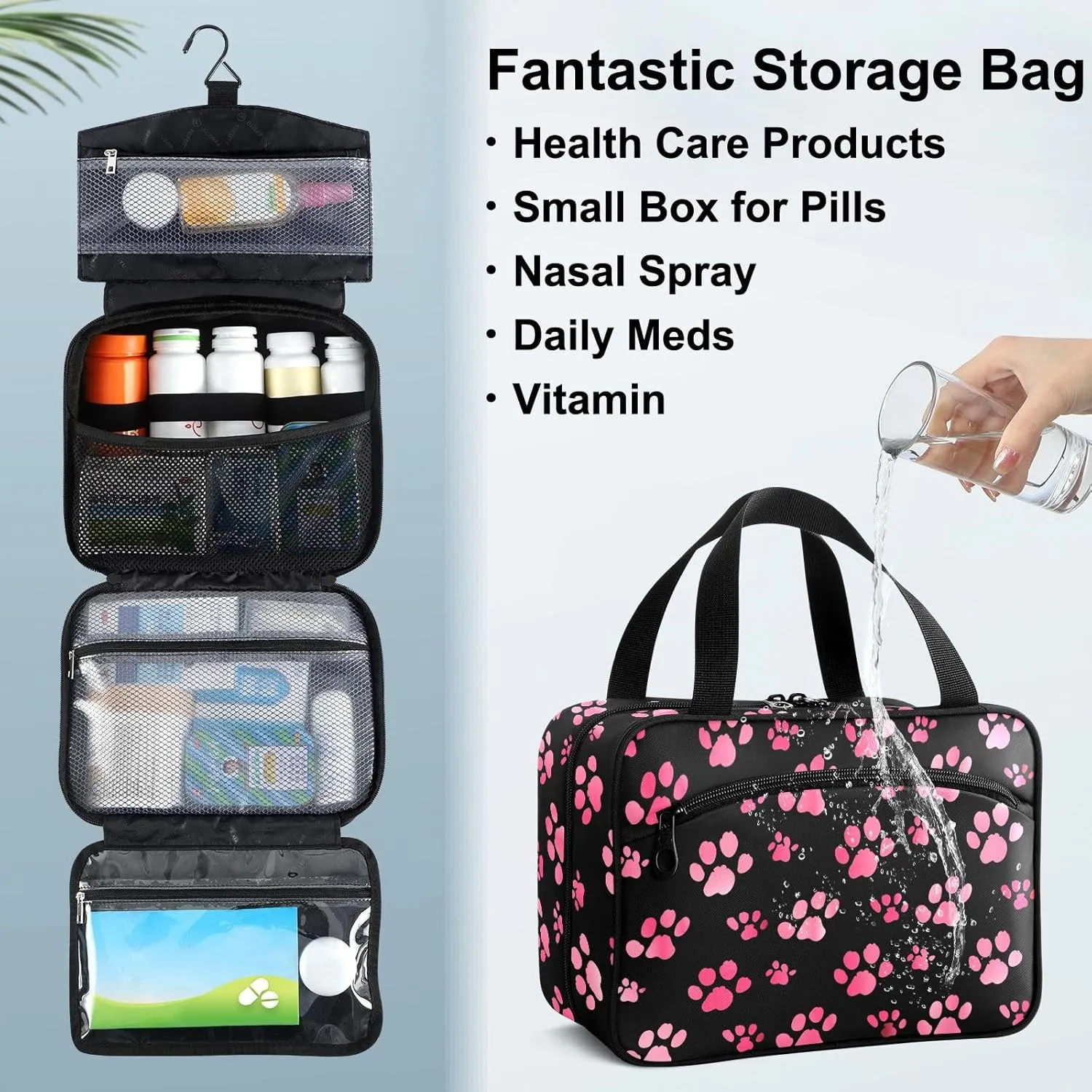 Fustylead Pink Cute Paw Prints on Black Background Large Medical Supplies Organizer Bag with Zipper Empty First Aid Bag Trauma Kit for Traveling Hiking Camping