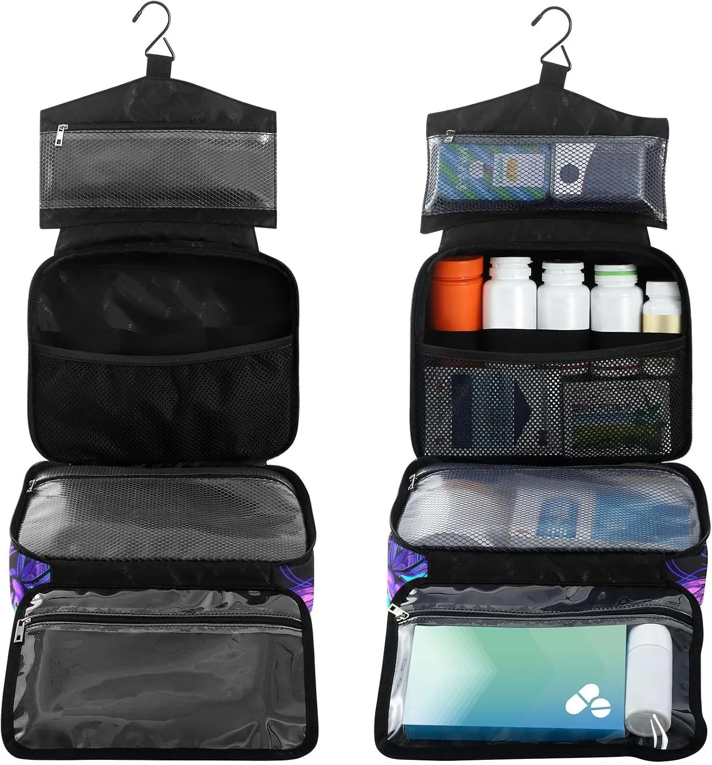 Fustylead Purple and Neon Butterflies and Flower Large Medical Supplies Organizer Bag with Zipper Empty First Aid Bag Trauma Kit for Traveling Hiking Camping