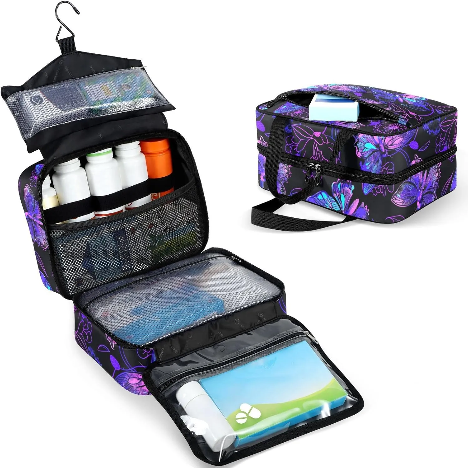 Fustylead Purple and Neon Butterflies and Flower Large Medical Supplies Organizer Bag with Zipper Empty First Aid Bag Trauma Kit for Traveling Hiking Camping