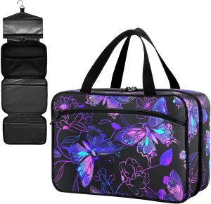 Fustylead Purple and Neon Butterflies and Flower Large Medical Supplies Organizer Bag with Zipper Empty First Aid Bag Trauma Kit for Traveling Hiking Camping