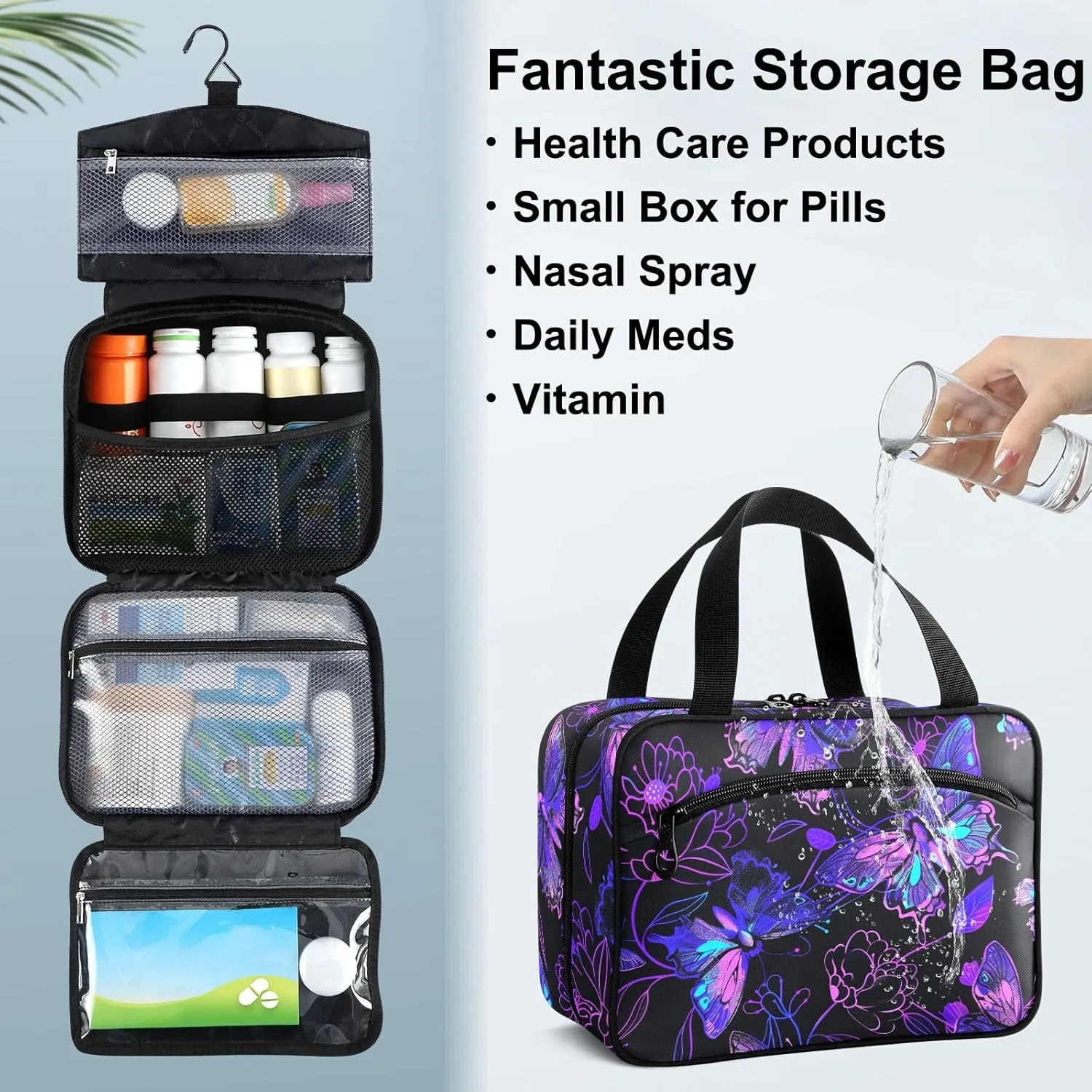 Fustylead Purple and Neon Butterflies and Flower Large Medical Supplies Organizer Bag with Zipper Empty First Aid Bag Trauma Kit for Traveling Hiking Camping