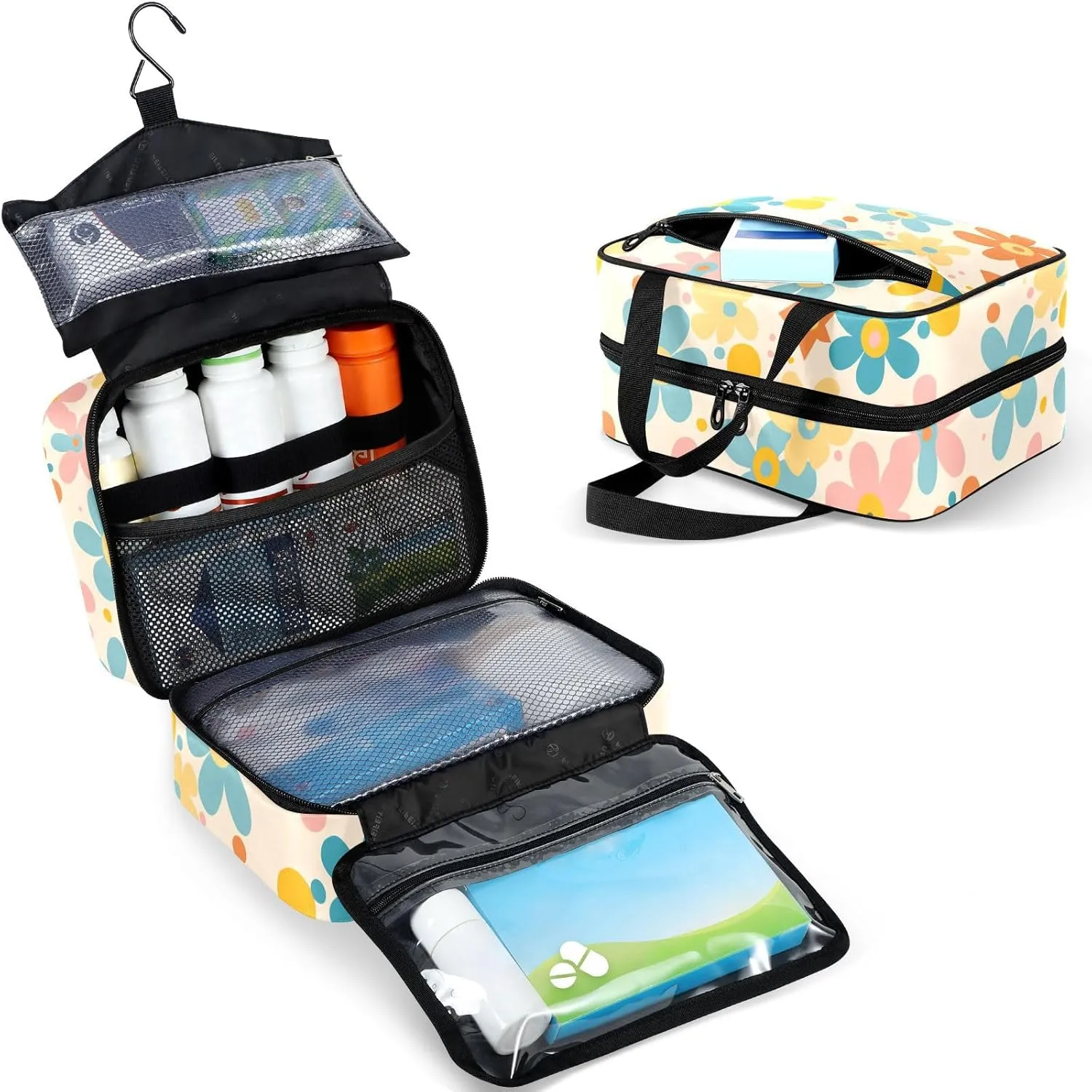 Fustylead Retro Hippie Groovy Pastel Colors Daisy Flowers Large Medical Supplies Organizer Bag with Zipper Empty First Aid Bag Trauma Kit for Traveling Hiking Camping