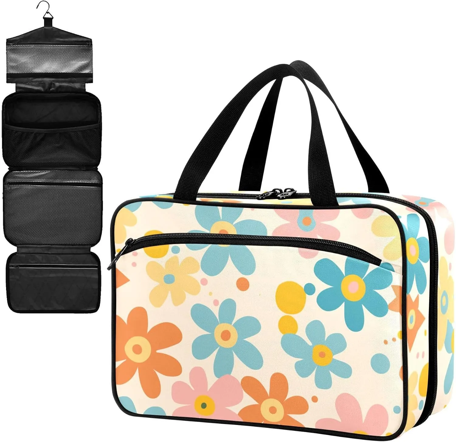 Fustylead Retro Hippie Groovy Pastel Colors Daisy Flowers Large Medical Supplies Organizer Bag with Zipper Empty First Aid Bag Trauma Kit for Traveling Hiking Camping