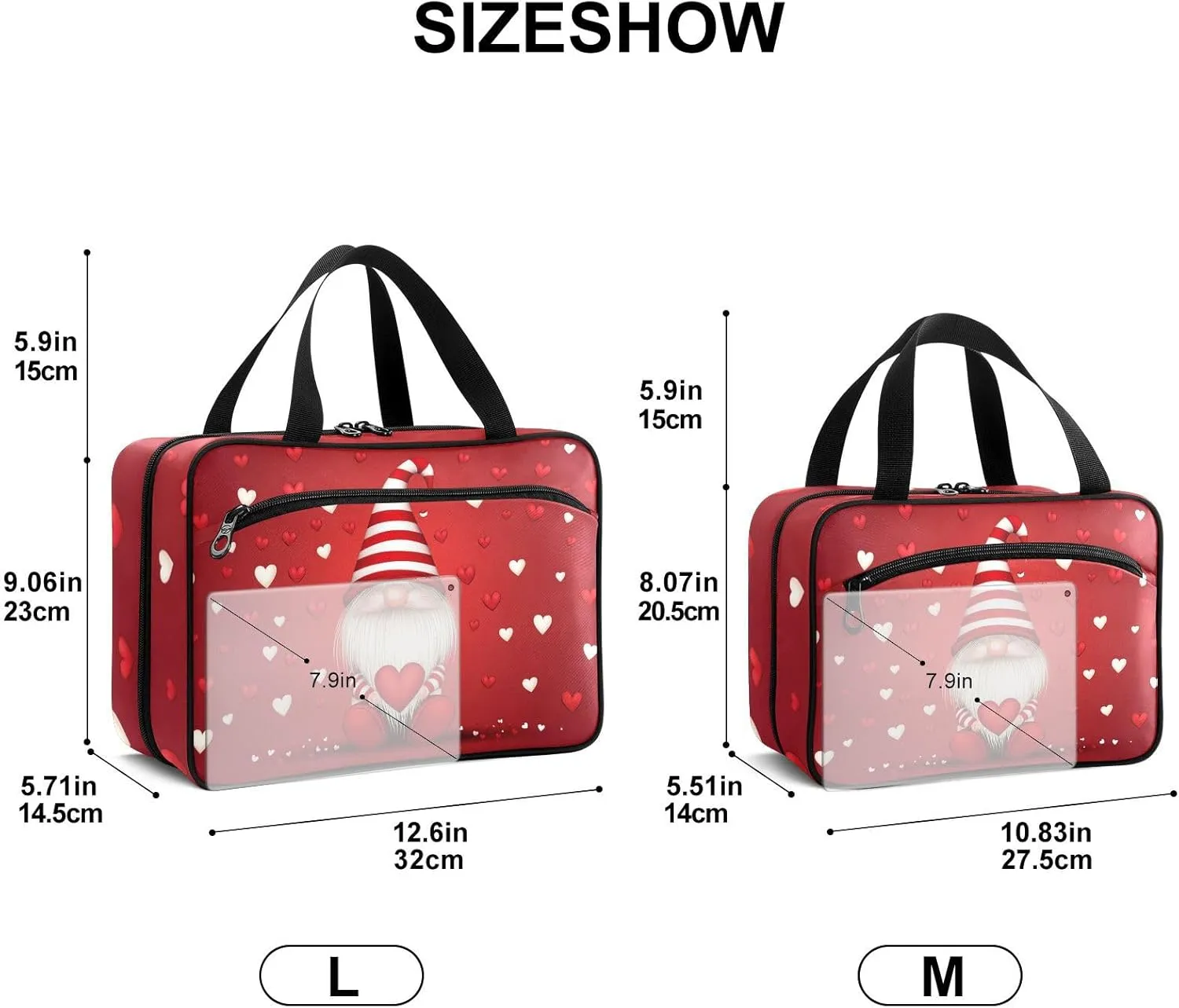 Fustylead Valentine's Day Gnomes Red Hearts Large Medical Storage Bag with Zipper Empty First Aid Bag Trauma Kit for Traveling Hiking Camping Backpacking
