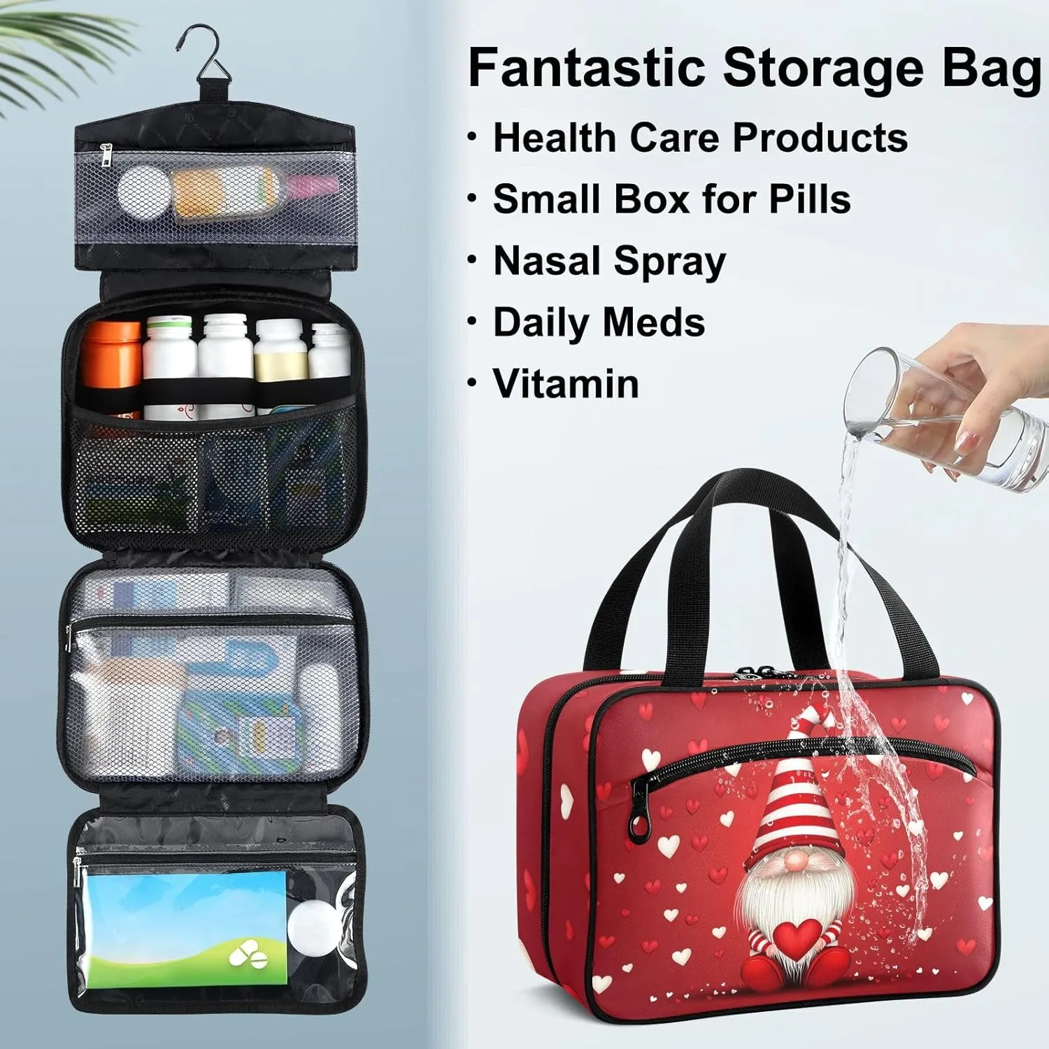 Fustylead Valentine's Day Gnomes Red Hearts Large Medical Storage Bag with Zipper Empty First Aid Bag Trauma Kit for Traveling Hiking Camping Backpacking