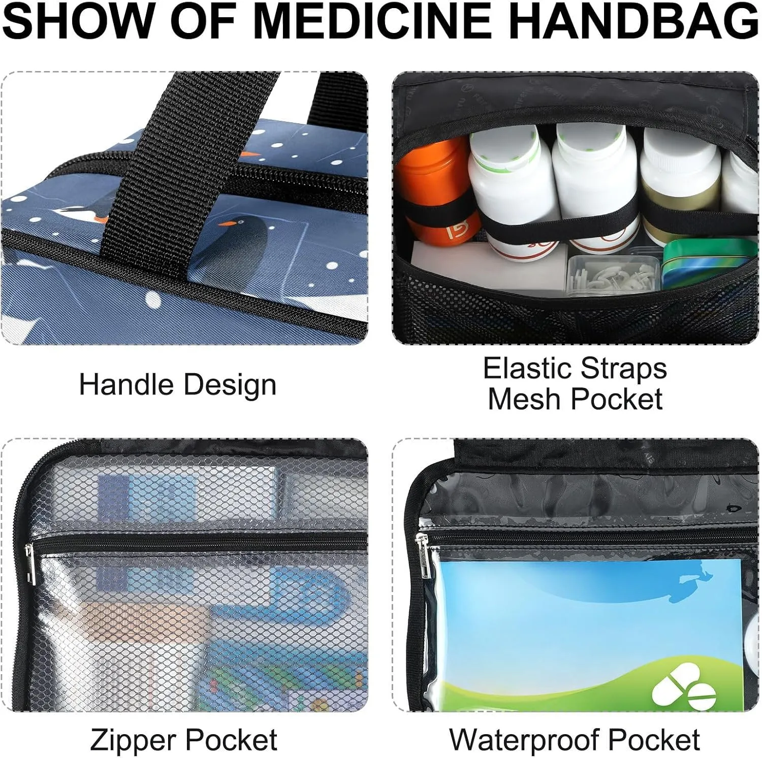 Fustylead Various Cute Penguins on Ice Large Medical Supplies Organizer Bag with Zipper Empty First Aid Bag Trauma Kit for Traveling Hiking Camping