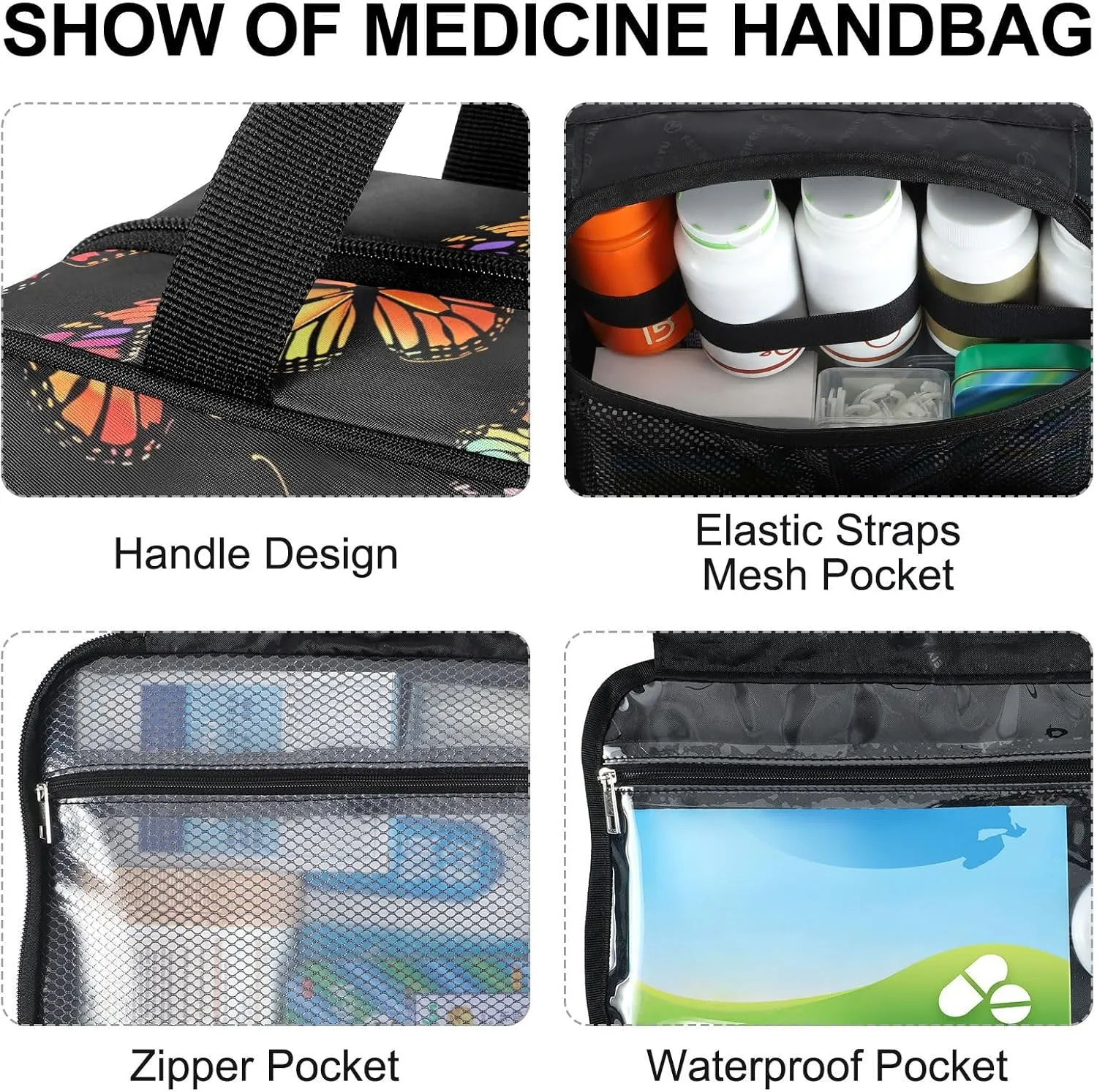 Fustylead Vibrant Gradient Colors Monarch Butterfly Large Medical Supplies Organizer Bag with Zipper Empty First Aid Bag Trauma Kit for Traveling Hiking Camping