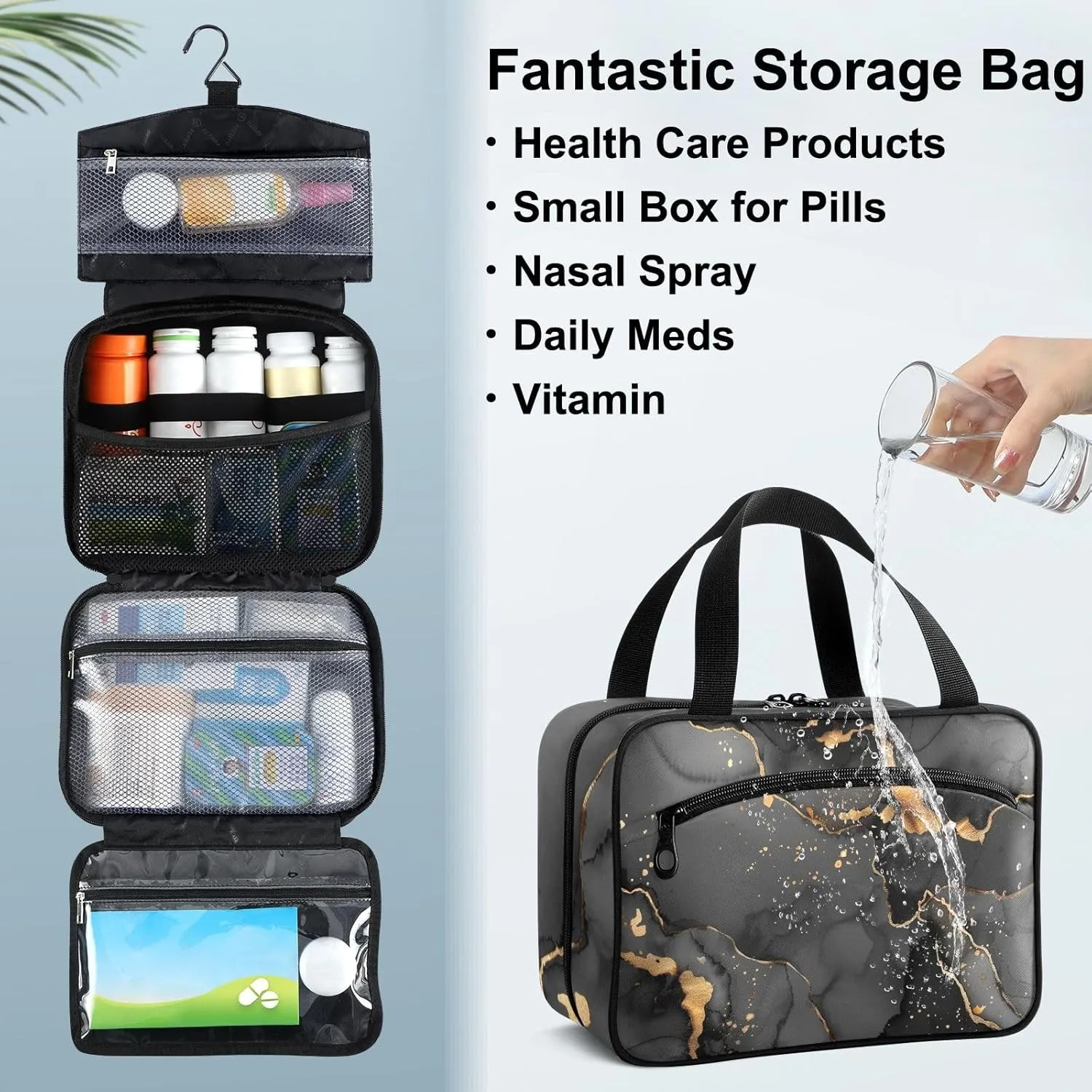 Fustylead Watercolor Black Gold Abstract Fluid Marble Texture Large Medical Supplies Organizer Bag with Zipper Empty First Aid Bag Trauma Kit for Traveling Hiking Camping