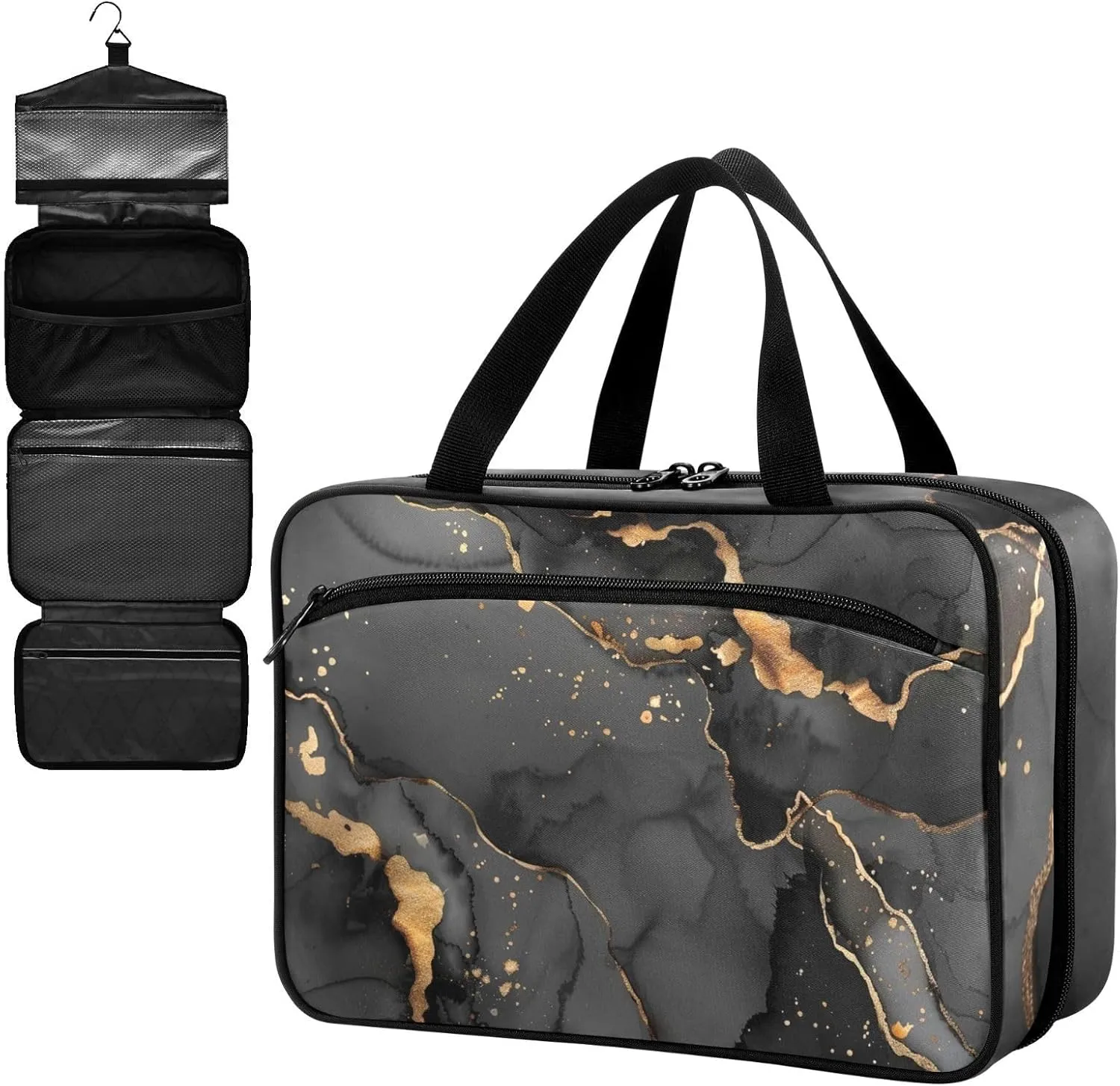 Fustylead Watercolor Black Gold Abstract Fluid Marble Texture Large Medical Supplies Organizer Bag with Zipper Empty First Aid Bag Trauma Kit for Traveling Hiking Camping