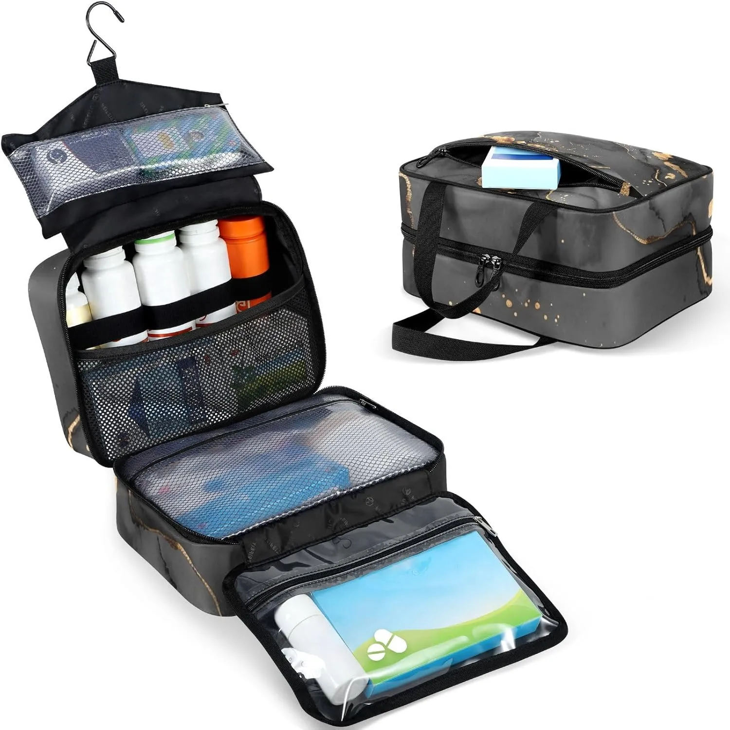 Fustylead Watercolor Black Gold Abstract Fluid Marble Texture Large Medical Supplies Organizer Bag with Zipper Empty First Aid Bag Trauma Kit for Traveling Hiking Camping