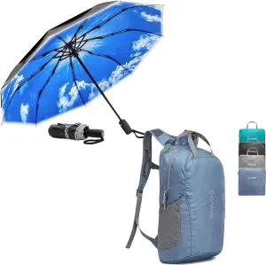 G4Free 25L Lightweight Hiking Backpack Water Resistant Packable Daypack And 42 Inch Strongest Windproof Travel Umbrella for Rain Sun, ECO Double Canopy with Reflective Strip, Auto Open &Close for Car
