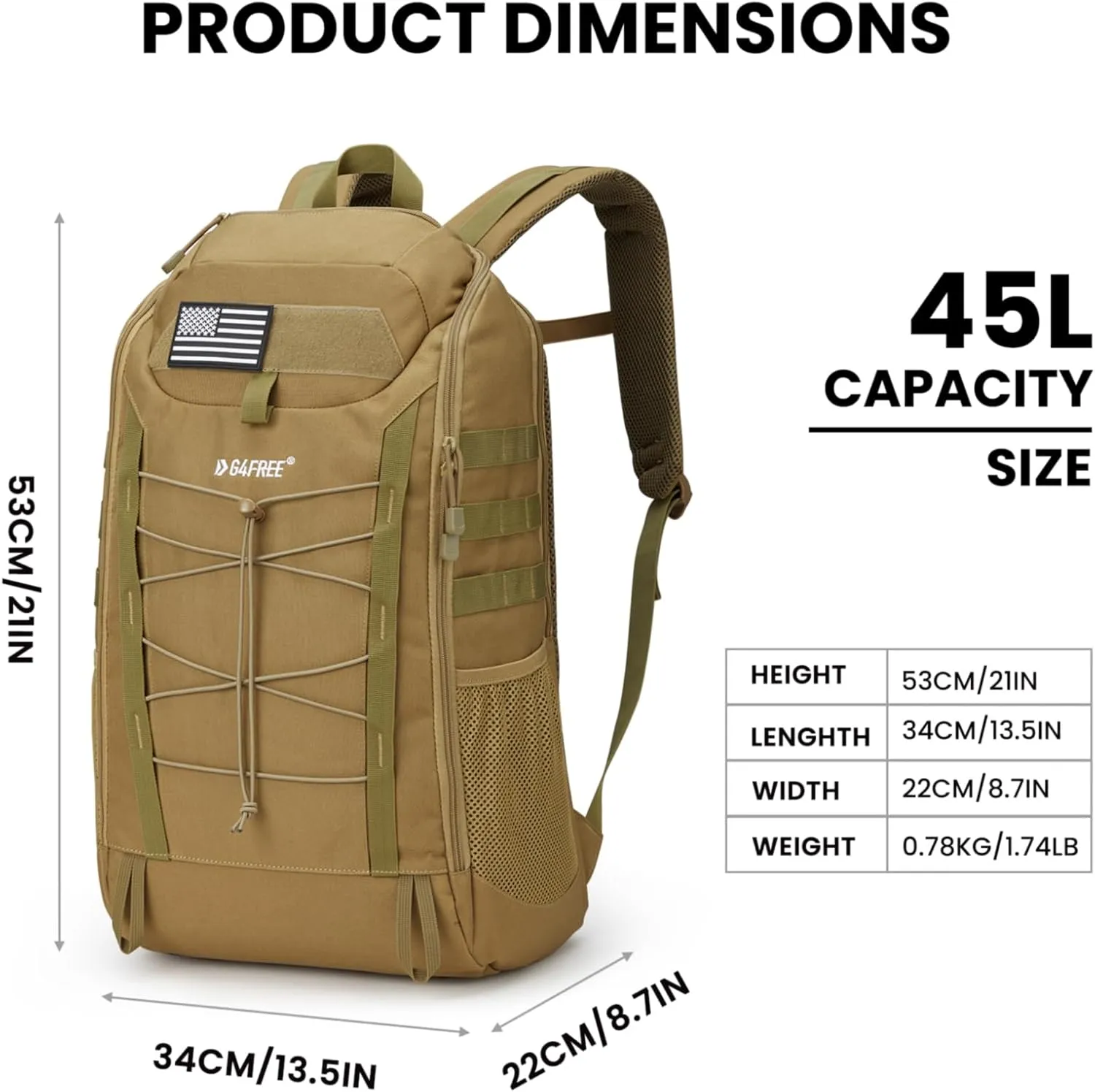 G4Free 45L Military Tactical Backpack 3 Day Assault Survival Molle Pack for Hiking Camping Traveling(Tan)