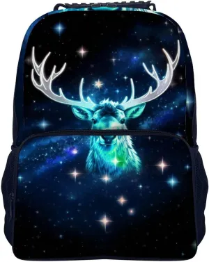 Galaxy Starry Sky Christmas Elk Moose Art Shoulder Book Bags Polyester Multipurpose Anti-Theft Carry On Bag Large Capacity Travel Hiking & Camping Rucksack