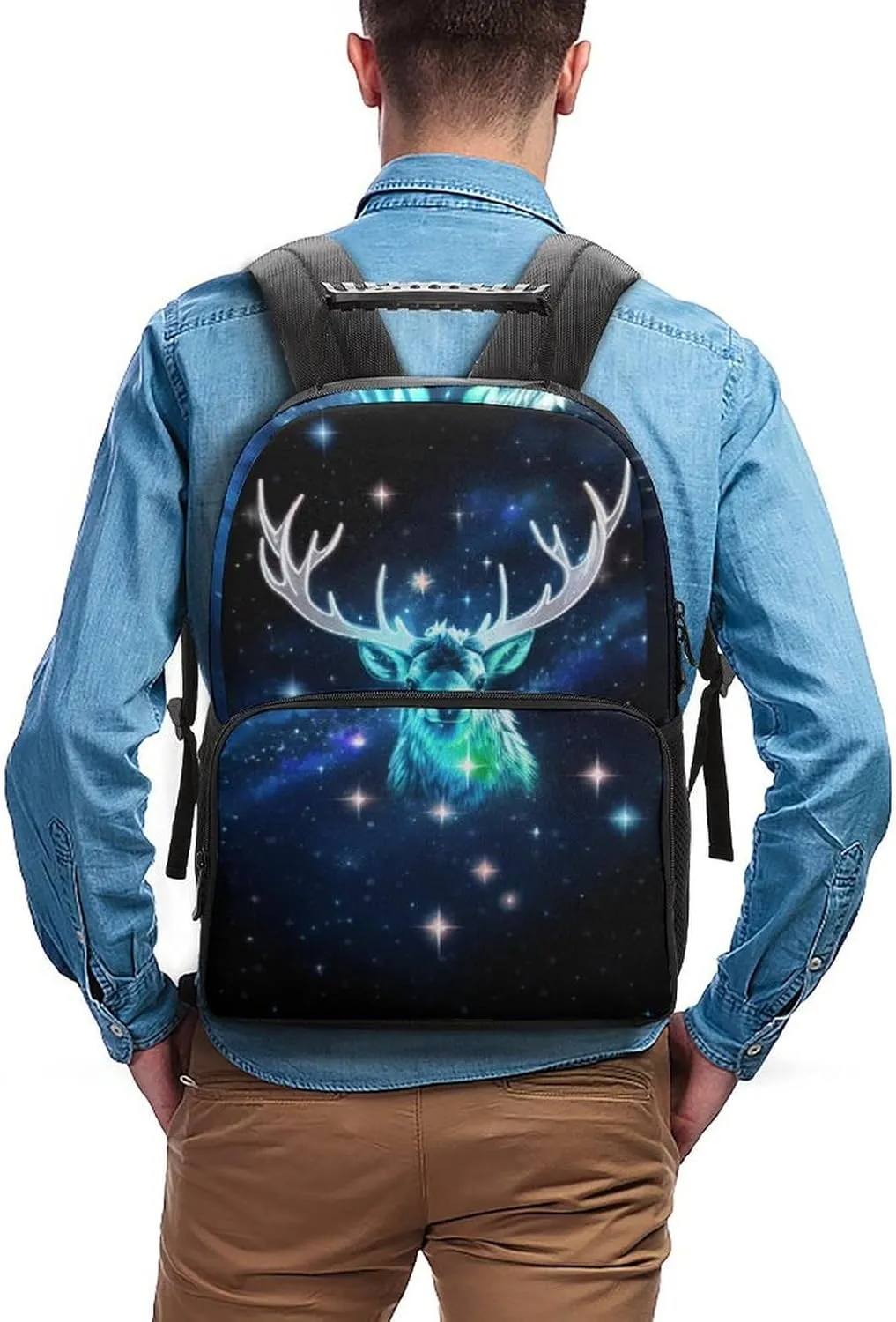 Galaxy Starry Sky Christmas Elk Moose Art Shoulder Book Bags Polyester Multipurpose Anti-Theft Carry On Bag Large Capacity Travel Hiking & Camping Rucksack