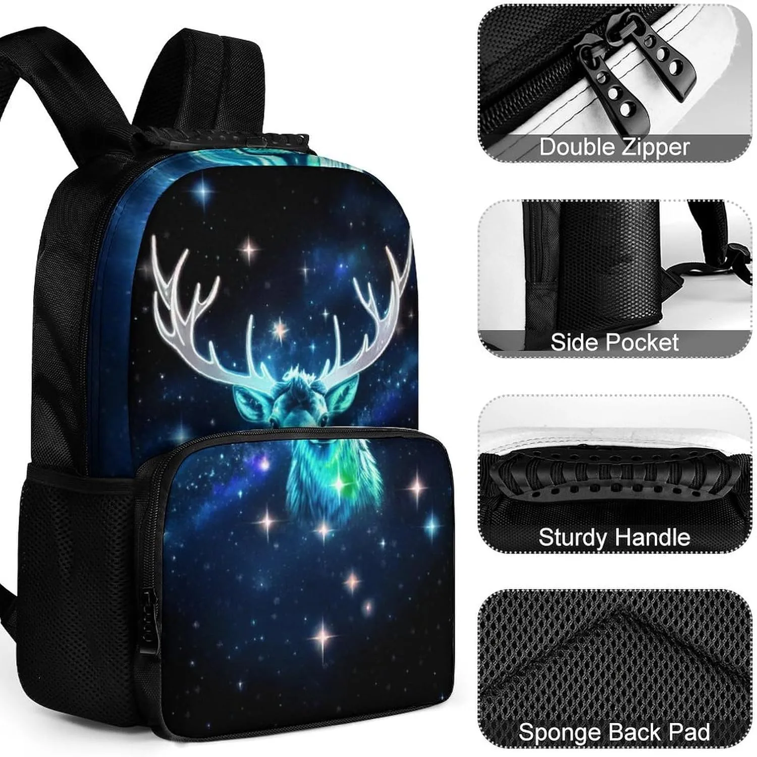 Galaxy Starry Sky Christmas Elk Moose Art Shoulder Book Bags Polyester Multipurpose Anti-Theft Carry On Bag Large Capacity Travel Hiking & Camping Rucksack