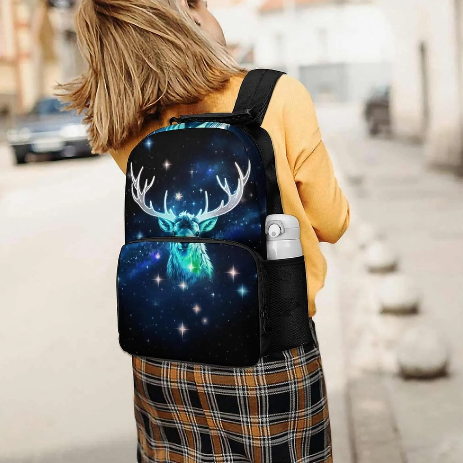Galaxy Starry Sky Christmas Elk Moose Art Shoulder Book Bags Polyester Multipurpose Anti-Theft Carry On Bag Large Capacity Travel Hiking & Camping Rucksack