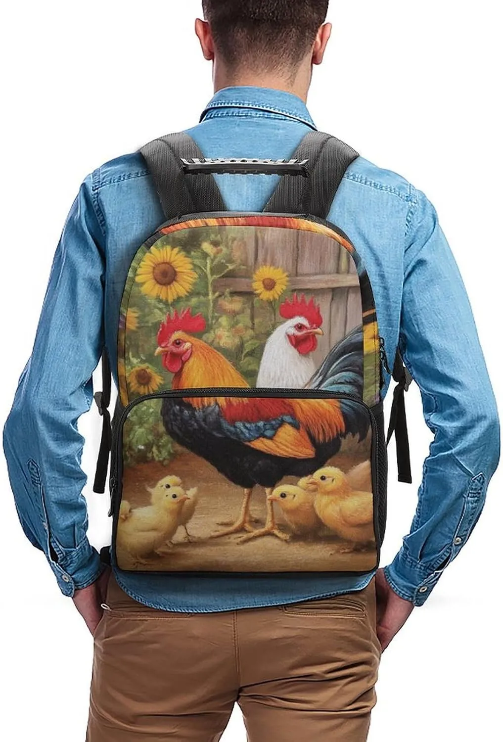 Garden Flowers Chicken Rooster Sunflowers Painting Rucksack Polyester Anti-Theft Multipurpose Bookbag Big Capacity Travel and Sport Backpack Rucksack With Side Pockets