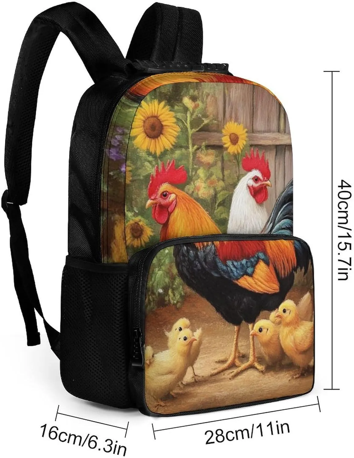 Garden Flowers Chicken Rooster Sunflowers Painting Rucksack Polyester Anti-Theft Multipurpose Bookbag Big Capacity Travel and Sport Backpack Rucksack With Side Pockets