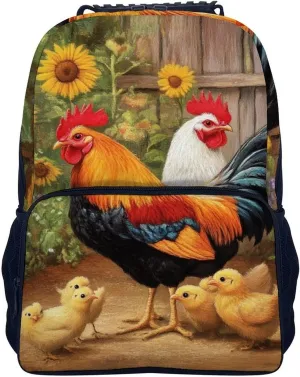Garden Flowers Chicken Rooster Sunflowers Painting Rucksack Polyester Anti-Theft Multipurpose Bookbag Big Capacity Travel and Sport Backpack Rucksack With Side Pockets